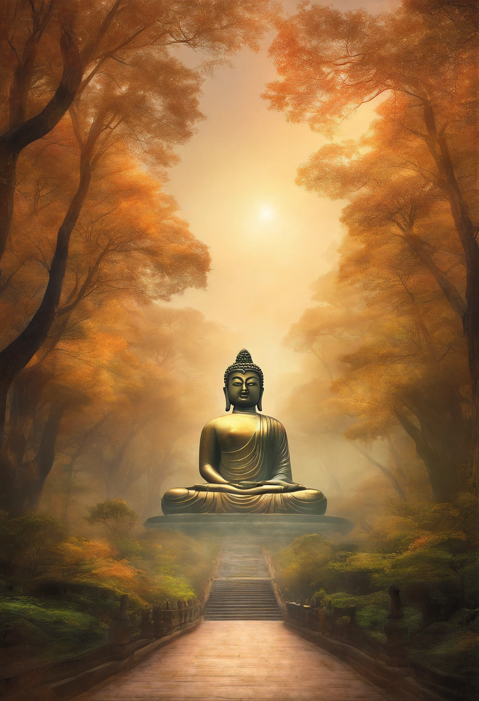 Giant Buddha statue in the distance,Golden Buddha statue, Texture, Tall, Majestic, inverted image, The background is illuminated by sunlight, Towering trees, Pilgrims walk the road. The composition is beautiful, With masterpieces, Details, and high definition