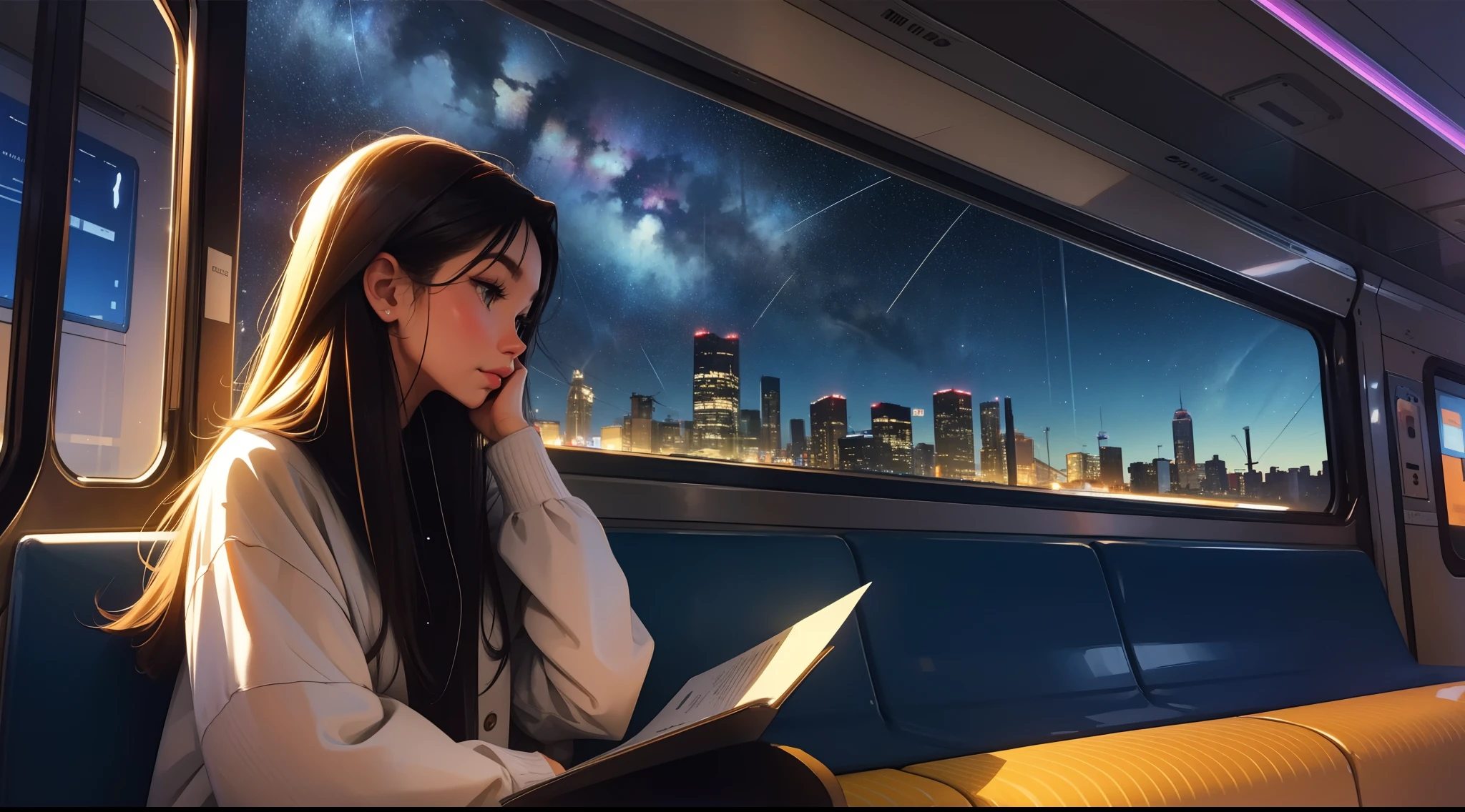 train,  sitting by the window,  pose pensives, Look at the stars, Head glued to the glass, Landscape passing by at high speed, voyage de nuit, beautiful starry sky, Une belle fille avec, UHD Portrait, (High quality) (ultra details) Regarder le spectateur en tenue de ville de style hip-hop; different, colourfull, colored  long hair 🌈