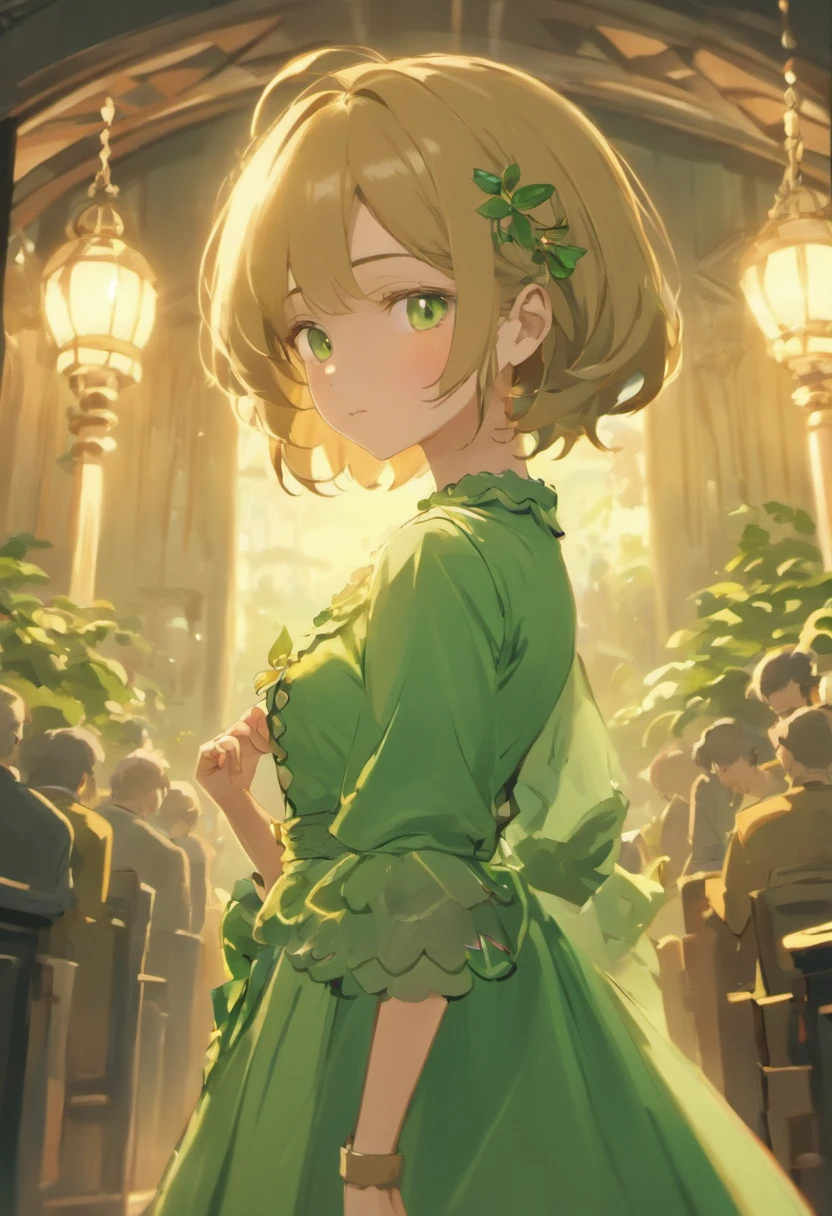 (best quality,4k,8k,highres,masterpiece:1.2),ultra-detailed,realistic,medium:portrait,pastoral scene:1.1,victorian style attire,facial hair,detailed eyes,beautiful detailed lips,brown hair,green eyes,medium shot,confident expression,antique garden:1.05,lush greenery,statuesque,romantic,soft lighting,subtle bokeh,endearing smile,vivid colors,pistachio color dress,elegant and sophisticated,retro,classic pose,center composition,graceful,subtle shadows,gentle breeze,serene atmosphere,tranquil environment,early evening sunlight,peaceful,harmonious setting