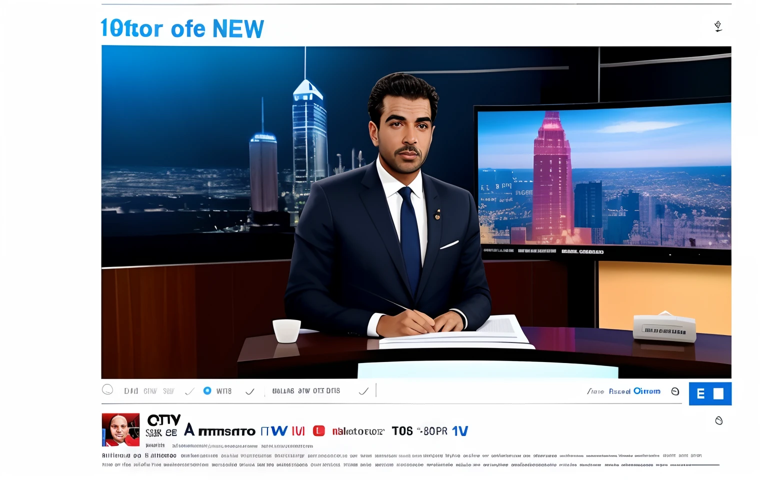 Image of a news anchor at a news desk, conjunto virtual, TV News, Retrato NFT, Comercial de TV, promotional render, Fanart, news broadcast, cidade em segundo plano, captura de tela, mid portrait, telejornal vespertino, rotoscopia, Cidade em segundo plano, Imagem promocional, afofuturismo,Connections of several motorways, motorwais,