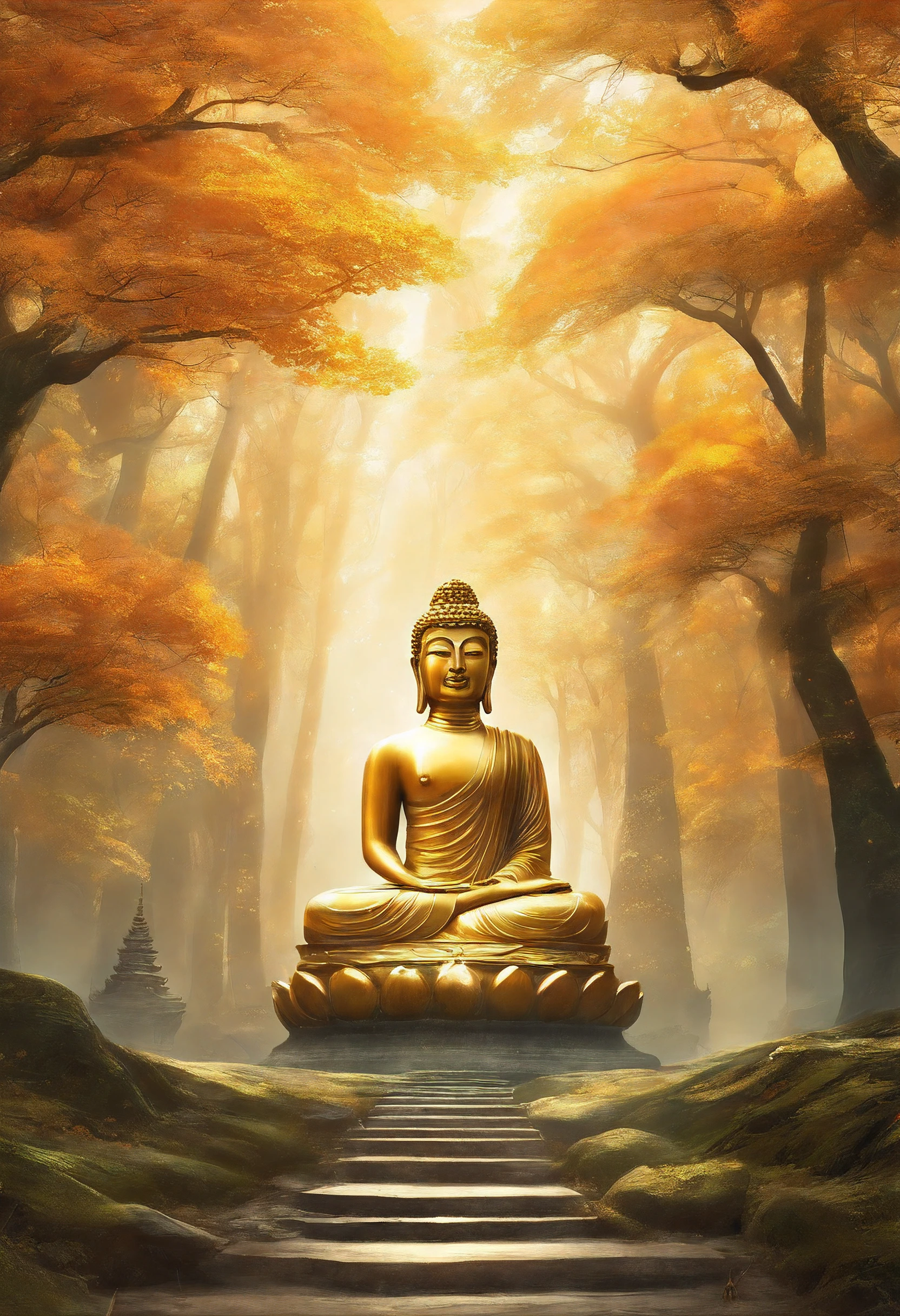 Giant Buddha statue in the distance,Golden Buddha statue, Texture, Tall, Majestic, inverted image, The background is illuminated by sunlight, Towering trees, Pilgrims walk the road. The composition is beautiful, With masterpieces, Details, and high definition