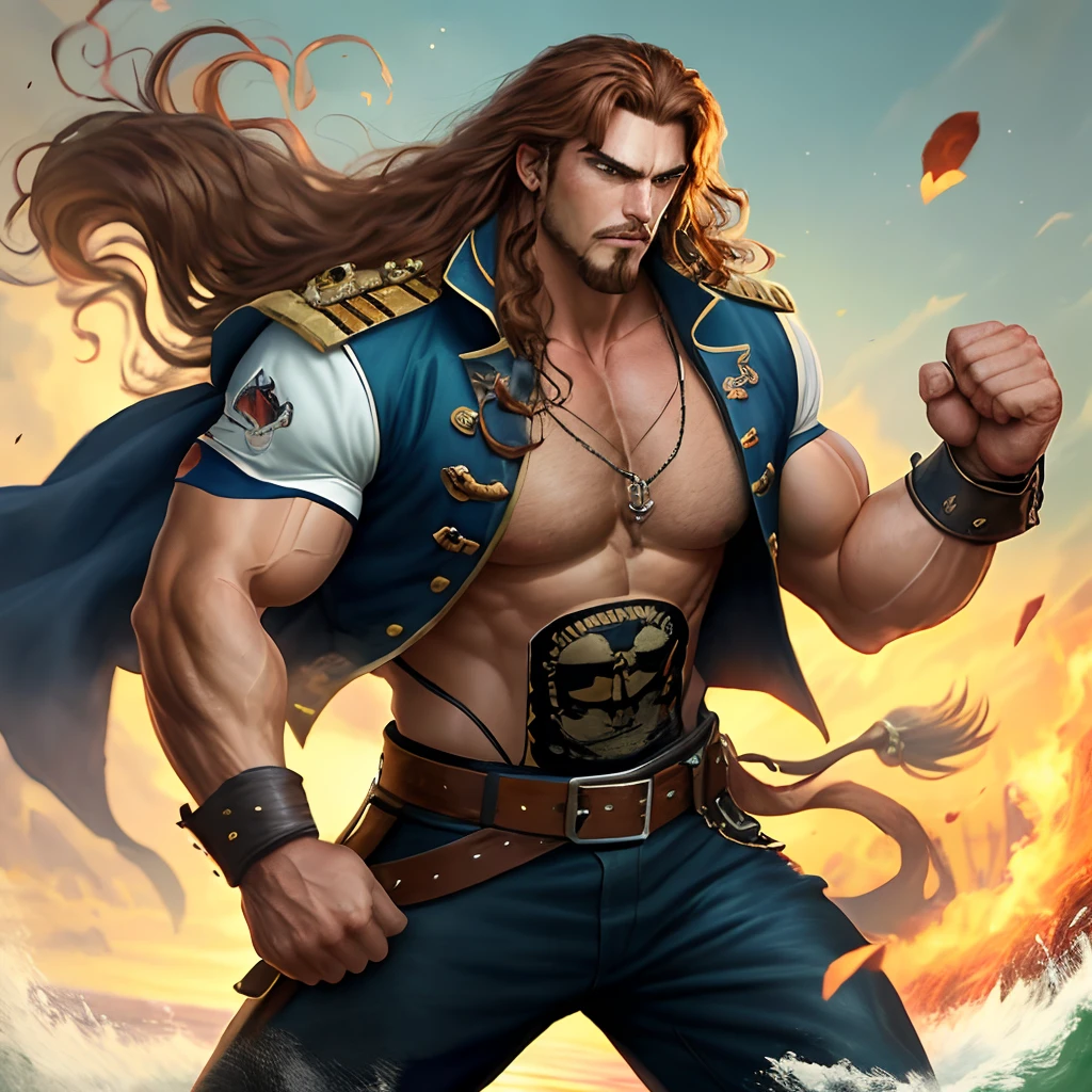A Male Pirate Captain, with large muscles, long flowing brown hair, with a pointy goatee, that fights with brass knuckles,