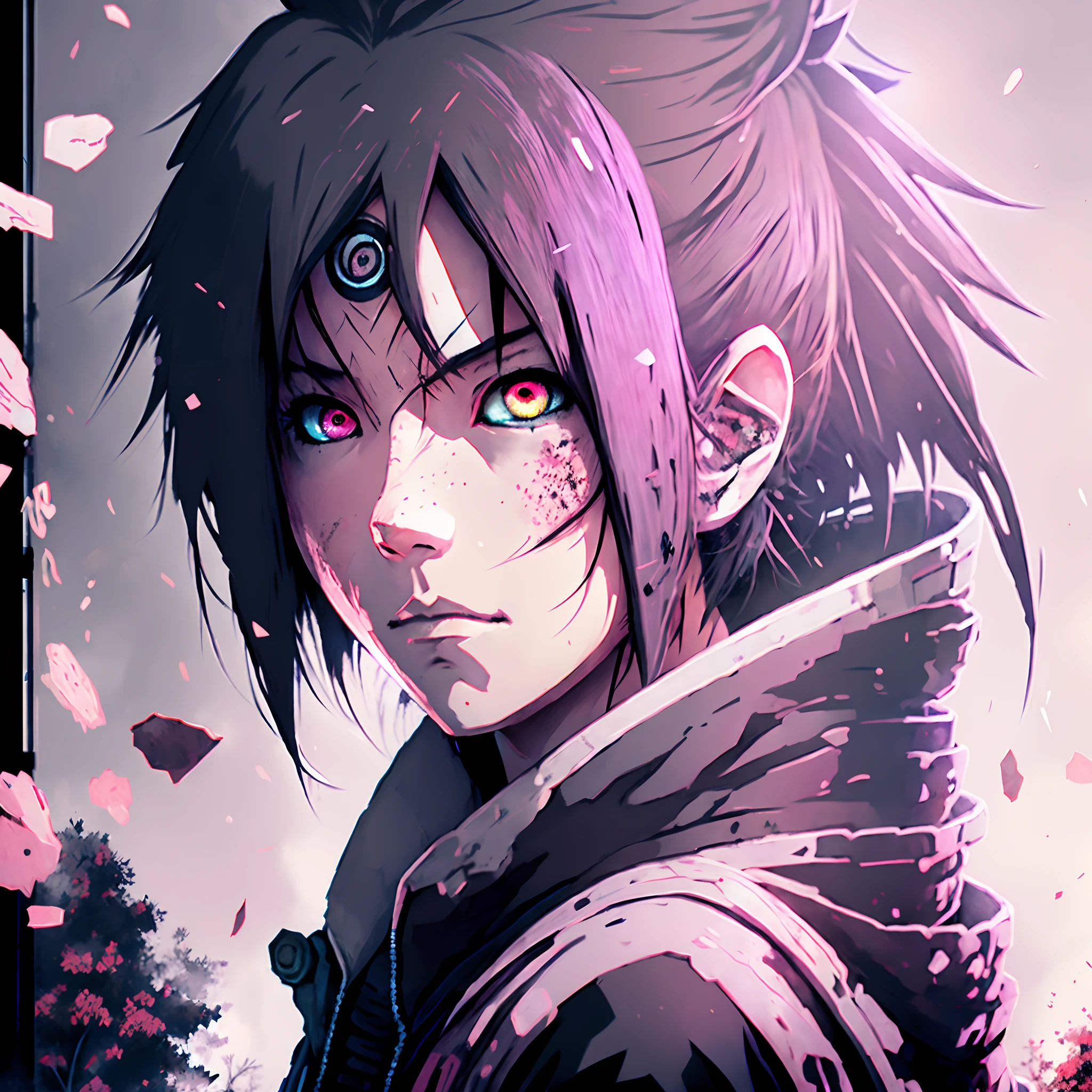 Sakura Uchiha in the hood, Black and pink hair, one green eye, one red eye