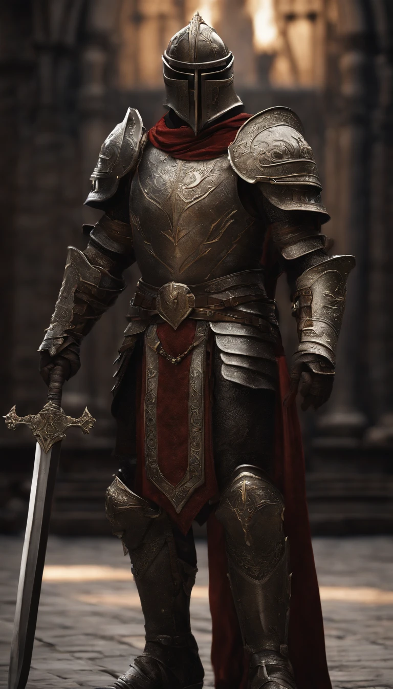 (Best quality,4K,8K,A high resolution,Masterpiece:1.2),Ultra-detailed,(Realistic,Photorealistic,photo-realistic:1.37),A sword-wielding demon armor warrior stood in the hall, Full body portrait of the mysterious knight, Wearing heavy armor,A sacred warrior wielding a legendary sword, Mythical warriors in full-body armor, A golden knight with divine armor, The helmet is decorated with the devil's horns, The eyes glow blood-red, Concept art for glorious figures, Crimson Armor Knight, Epic Paladin armor, Holy medieval knight, Kneel on one knee, Blades embedded in the earth, submission, Full body shot.