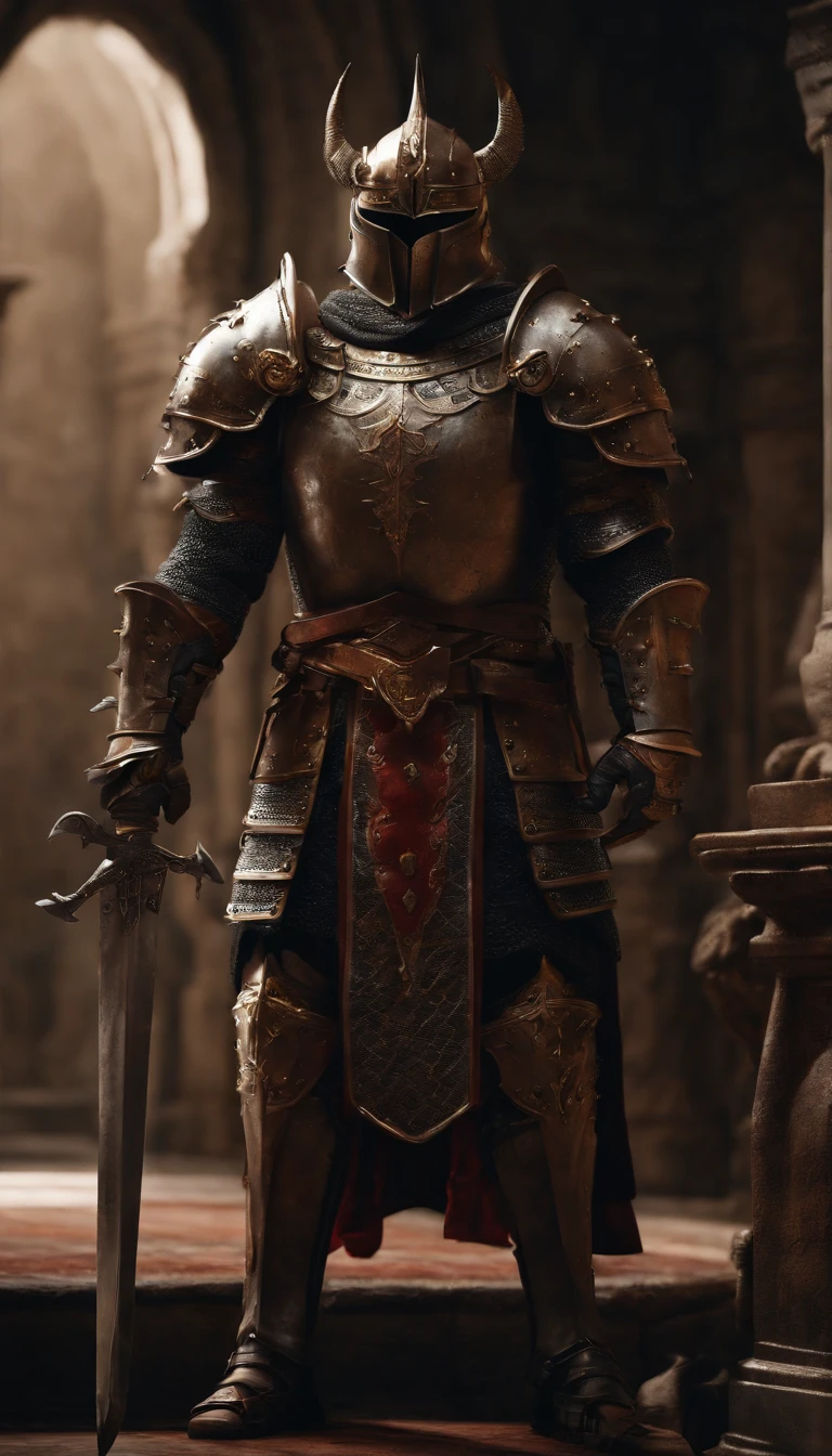 (Best quality,4K,8K,A high resolution,Masterpiece:1.2),Ultra-detailed,(Realistic,Photorealistic,photo-realistic:1.37),A sword-wielding demon armor warrior stood in the hall, Full body portrait of the mysterious knight, Wearing heavy armor,A sacred warrior wielding a legendary sword, Mythical warriors in full-body armor, A golden knight with divine armor, The helmet is decorated with the devil's horns, The eyes glow blood-red, Concept art for glorious figures, Crimson Armor Knight, Epic Paladin armor, Holy medieval knight, Kneel on one knee, Blades embedded in the earth, submission, Full body shot.