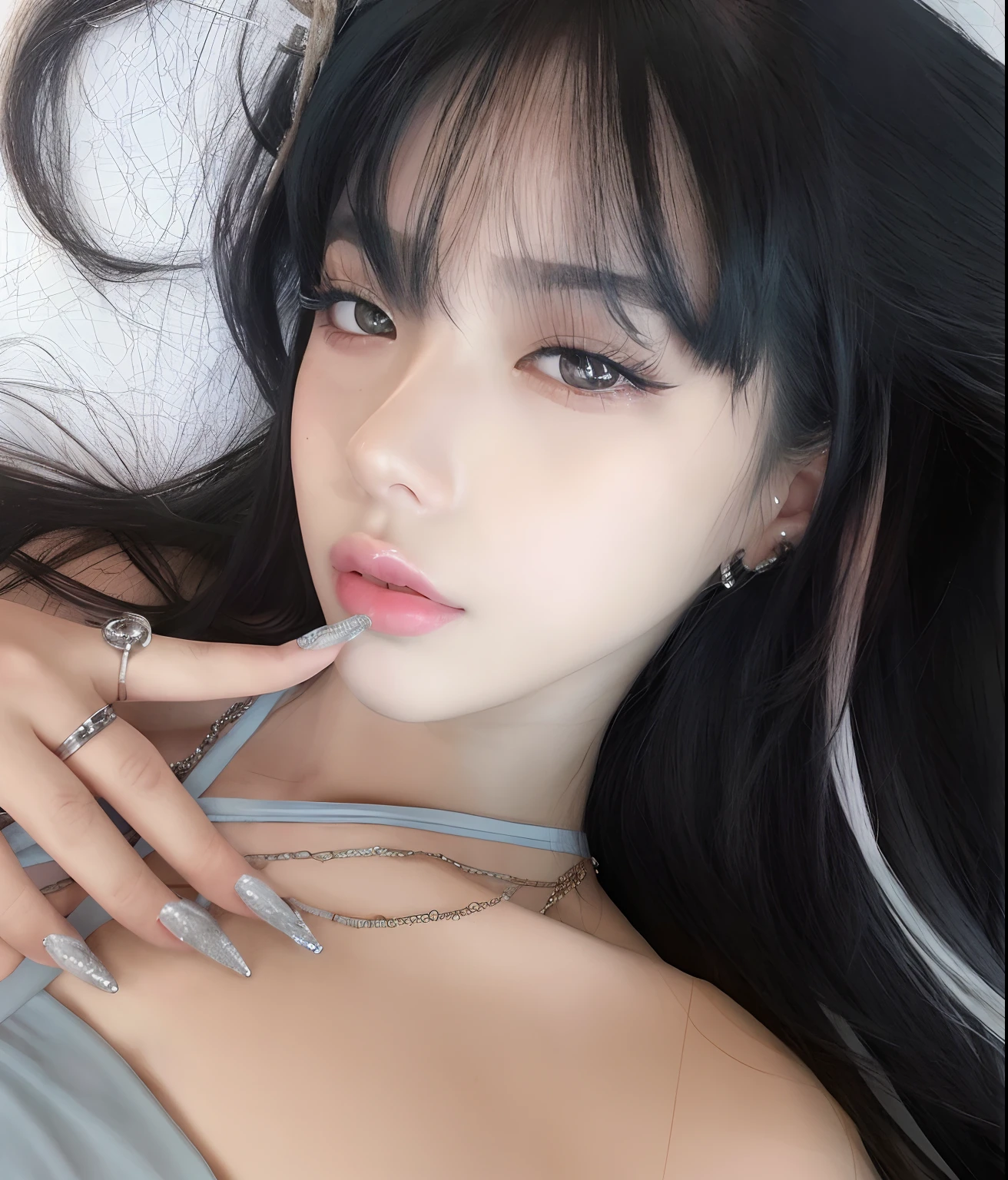 um close up de uma mulher com longos cabelos pretos e um anel no dedo, Lalisa Manobal, Ulzzang, Sakimichan, cabelos pretos e olhos grandes, Retrato Jisoo Blackpink, maquiagem sul-coreana popular, menina coreana, Xision Wu, dilraba dilmurat, Ela tem cabelo preto com franja, maquiagem coreana popular