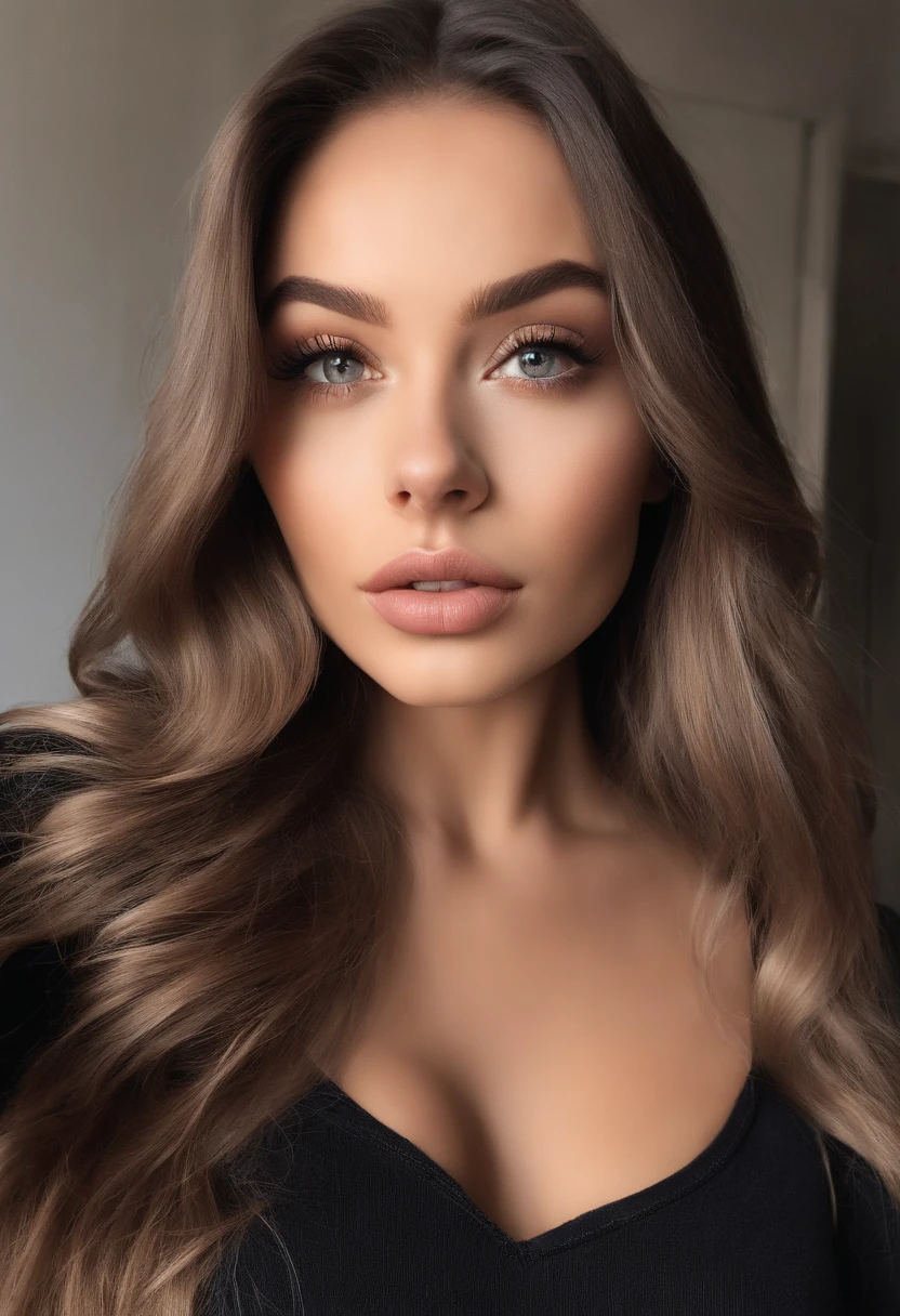 Femme , fille sexy aux yeux bruns, Portrait Sophie Mudd, cheveux bruns et grands yeux, selfie of a young woman, Yeux de chambre, Violet Myers, sans maquillage, maquillage naturel, looking straight at camera, Visage avec Artgram, Maquillage subtil, Superbe photo du corps entier, dans la chambre, clivage