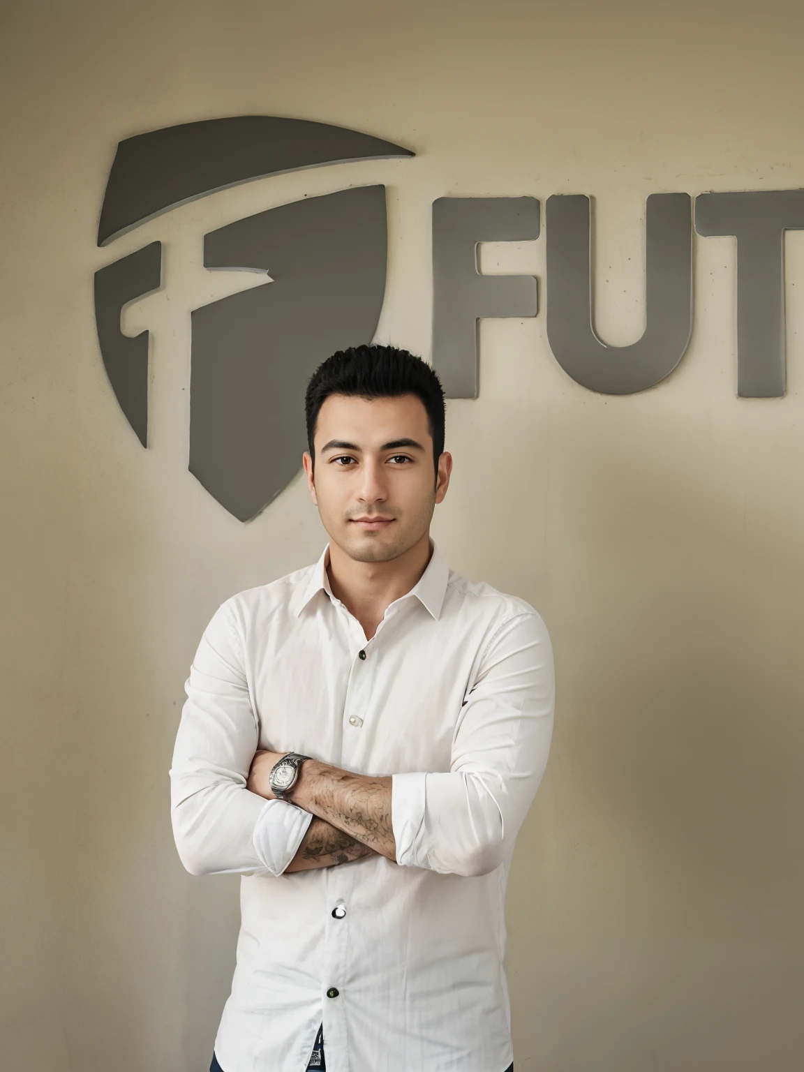 Arafed man standing in front of a wall with a logo on him, Furio Tetesschi, encaixar, Fuji Lut, foto de perfil profissional, imagem profissional, futuro, Aykut Aydogdu, Farid Ghanbari, foto de perfil 1024px, Furio Tedesch, foto corporativa, # fututista