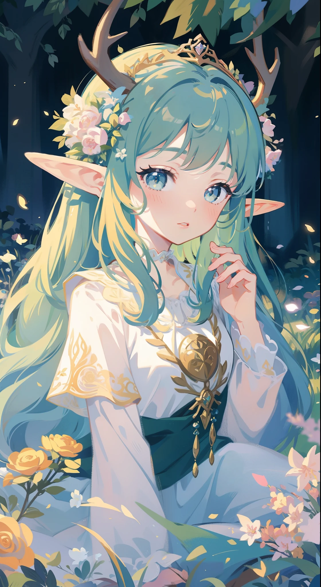 high high quality,masterpiece,Delicate facial features,Delicate hair,Delicate eyes,Delicate hair,animemanga girl,deer antlers,Black color hair,florals, Dreamy style, Fantastic flower garden,fantasy style clothing,Romantic dress, beautiful and elegant elf queen, a beautiful fantasy empress, Fantasy art style, ((a beautiful fantasy empress)), Anime fantasy illustration, high priestess, fey queen of the summer forest, anime art nouveau, goddess of the forest, portrait of an elf queen, A beautiful artwork illustration,8K high quality detailed art(Delicate facial portrayal)(Fine hair depiction)(highest quality)(Master masterpieces)(High degree of completion)(a sense of atmosphere)8k wallpaper,tmasterpiece,Best quality at best,ultra - detailed