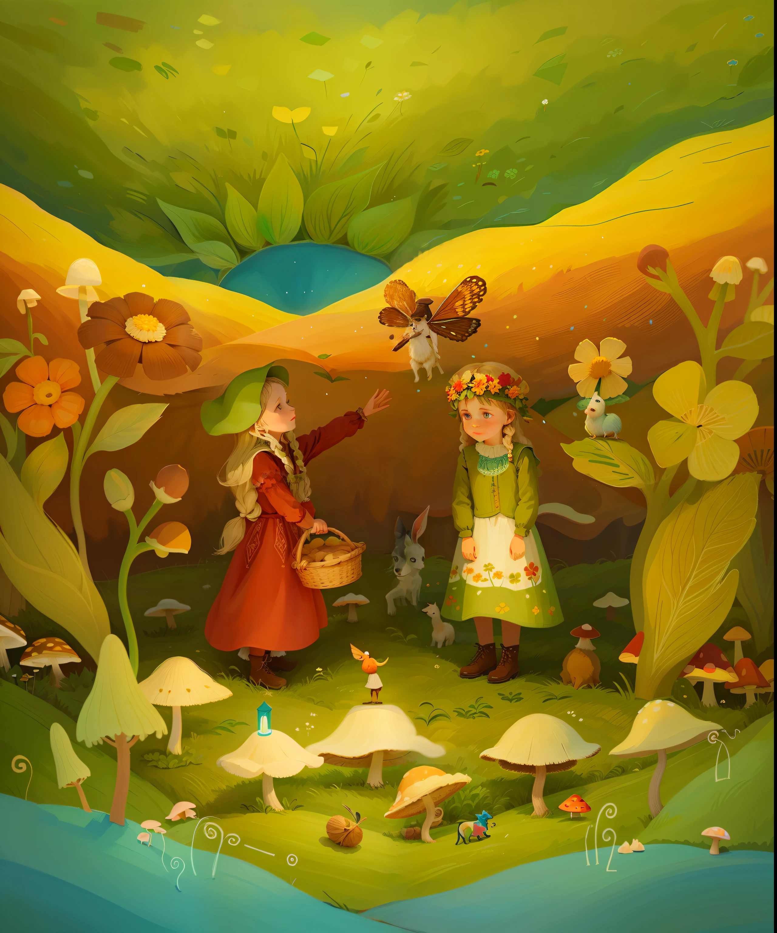 Painting of two children in a field with mushrooms and a dog, Slavic folk fairy tale, pintura de conto de fadas, Russian folk fairy tale, eftir Nína Tryggvadóttir, Directed by: Louisa Matthíasdóttir, inspirado em Elsa Beskow, eftir Júlíana Sveinsdóttur, midsommar, Jane Newland, fairytale illustration