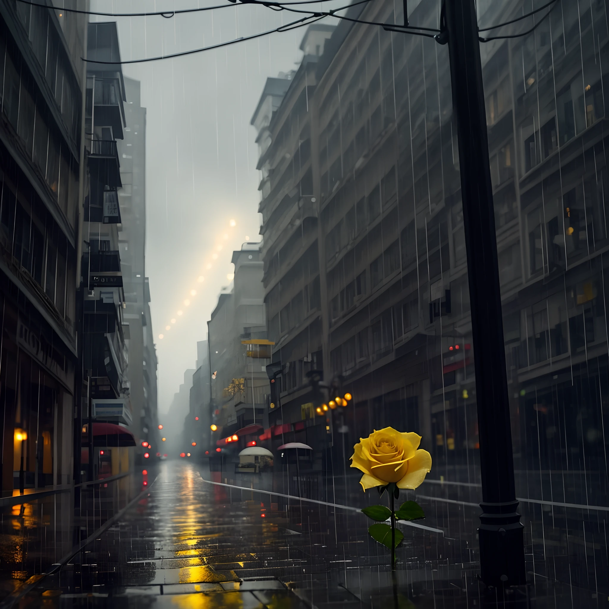 There is a yellow rose sitting under an umbrella, raining mood, Rainy atmosphere, rainy evening, Rainy afternoon, under rain, It's raining outside, rainy days, rainy outside, Rain aesthetics, On a rainy day, rainy street, rainy streets in the background, Rainy weather, rainy and gloomy atmosphere, at evening during rain, In the rain