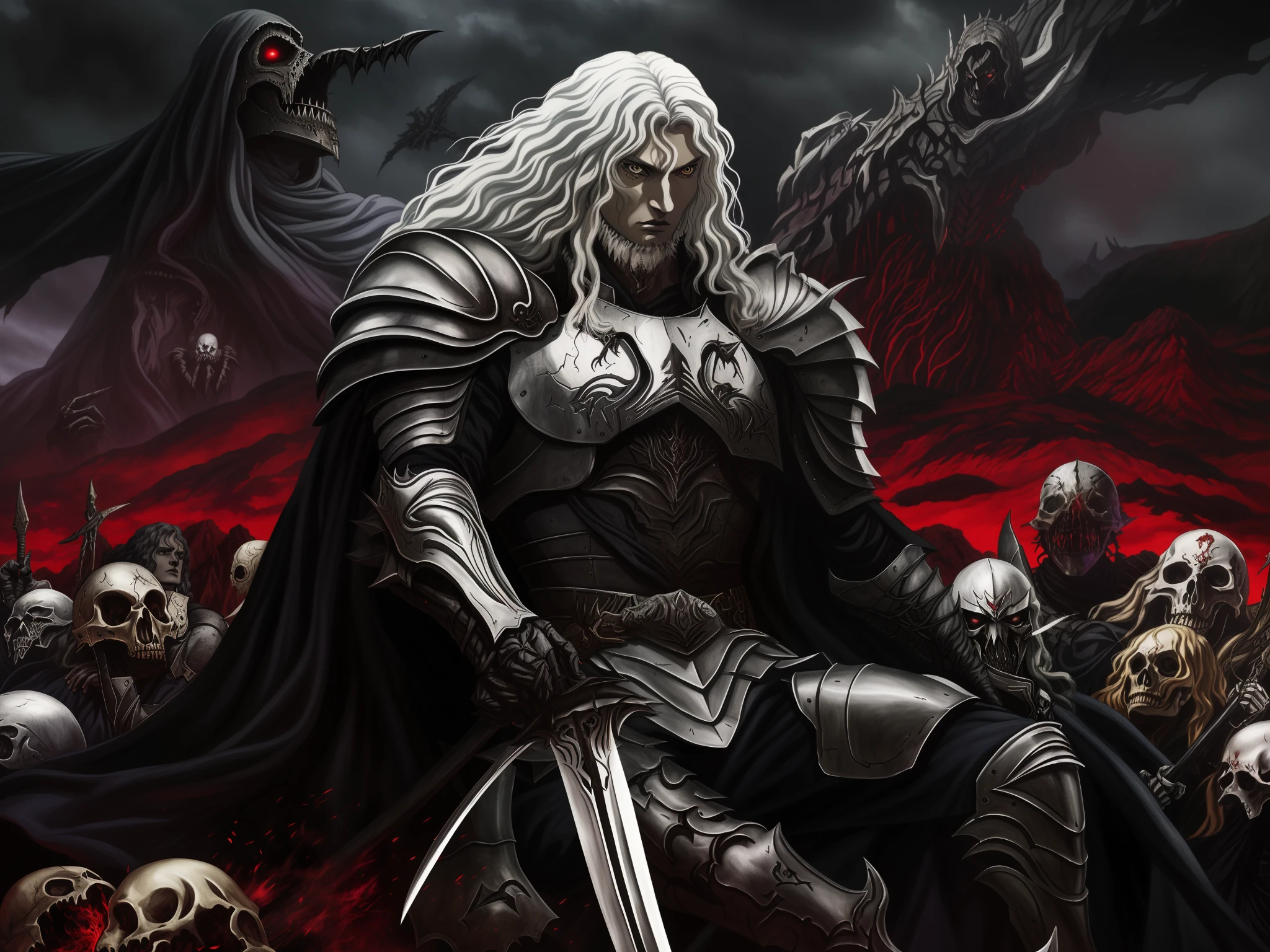 Imagem de um homem com uma roupa de couro preto com uma espada e um monte de caveiras, Berserk Skullknight Armadura Negra, Castlevania, Alucard, Deus masculino bonito da morte, Arte de fantasia 4k, Gothic fantasy art, arte de estilo fantasia escura, arte de fantasia sombria, arte de fantasia sombria, Abaddon e Magali Villeneuve, Griffith, Berserk