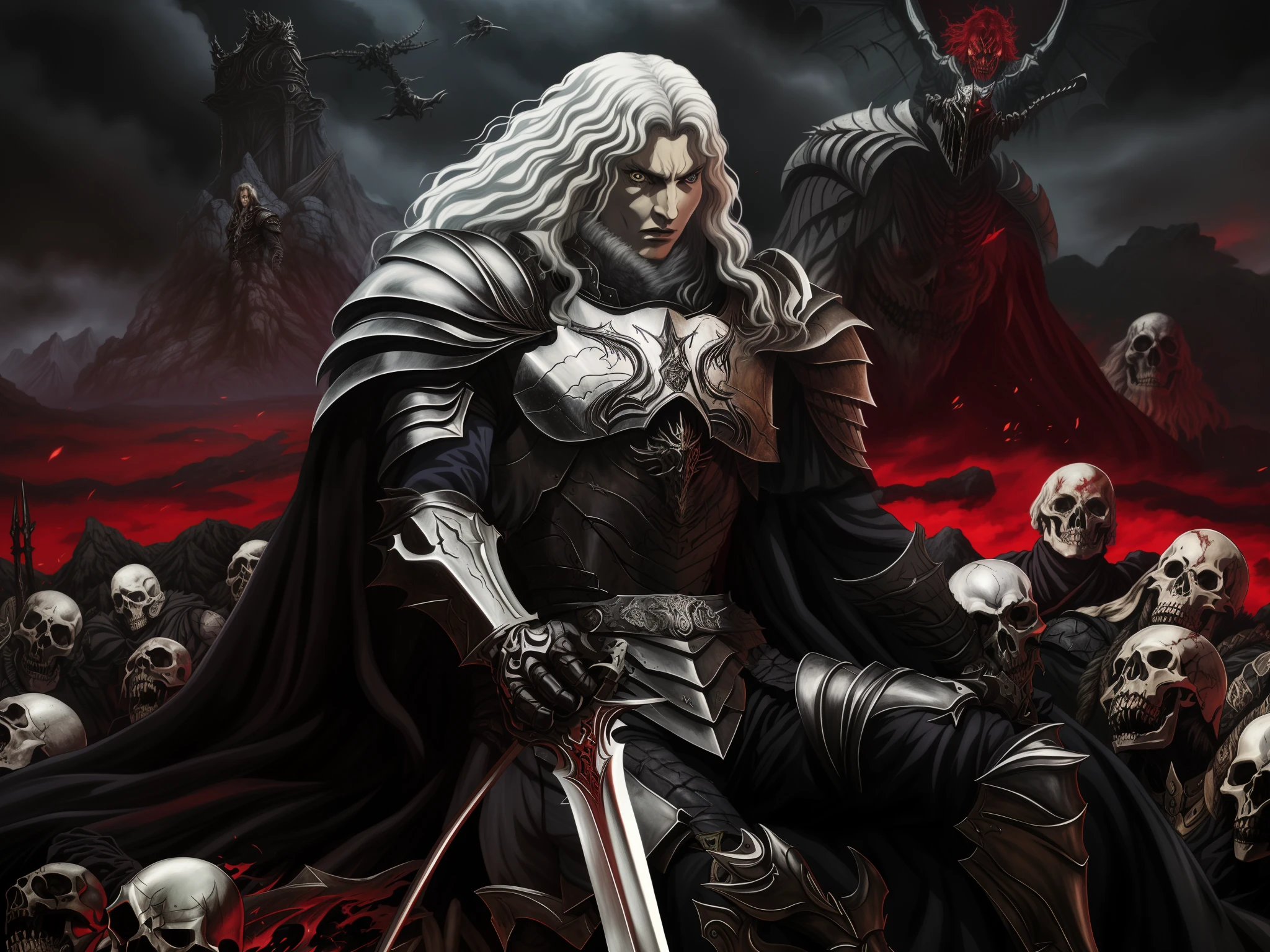 Imagem de um homem com uma roupa de couro preto com uma espada e um monte de caveiras, Berserk Skullknight Armadura Negra, Castlevania, Alucard, Deus masculino bonito da morte, Arte de fantasia 4k, Gothic fantasy art, arte de estilo fantasia escura, arte de fantasia sombria, arte de fantasia sombria, Abaddon e Magali Villeneuve, Griffith, Berserk