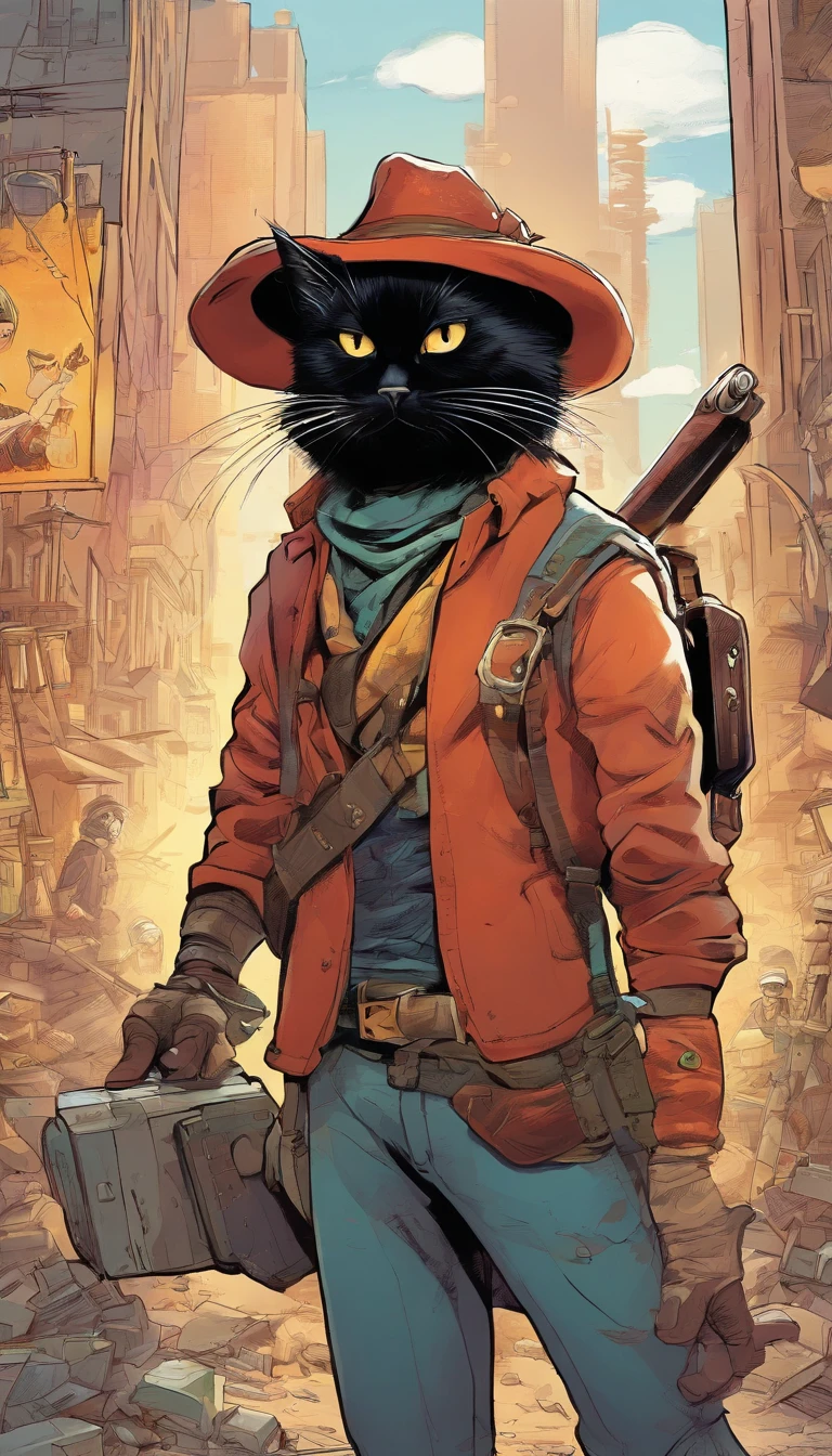 Image of a black cat in a hat and scarf, holding a shotgun in his paws,Trends in Art Station,Wear punk clothes,Ultra-realistic detailed rendering,urban style,intimidating pose,planet of cats,Fashionable outfit,urbansamurai,cat,Wearing a work hat,Moving bricks on a construction site