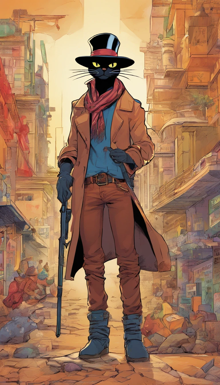 Image of a black cat in a hat and scarf, holding a shotgun in his paws,Trends in Art Station,Wear punk clothes,Ultra-realistic detailed rendering,urban style,intimidating pose,planet of cats,Fashionable outfit,urbansamurai,cat,Wearing a work hat,Moving bricks on a construction site