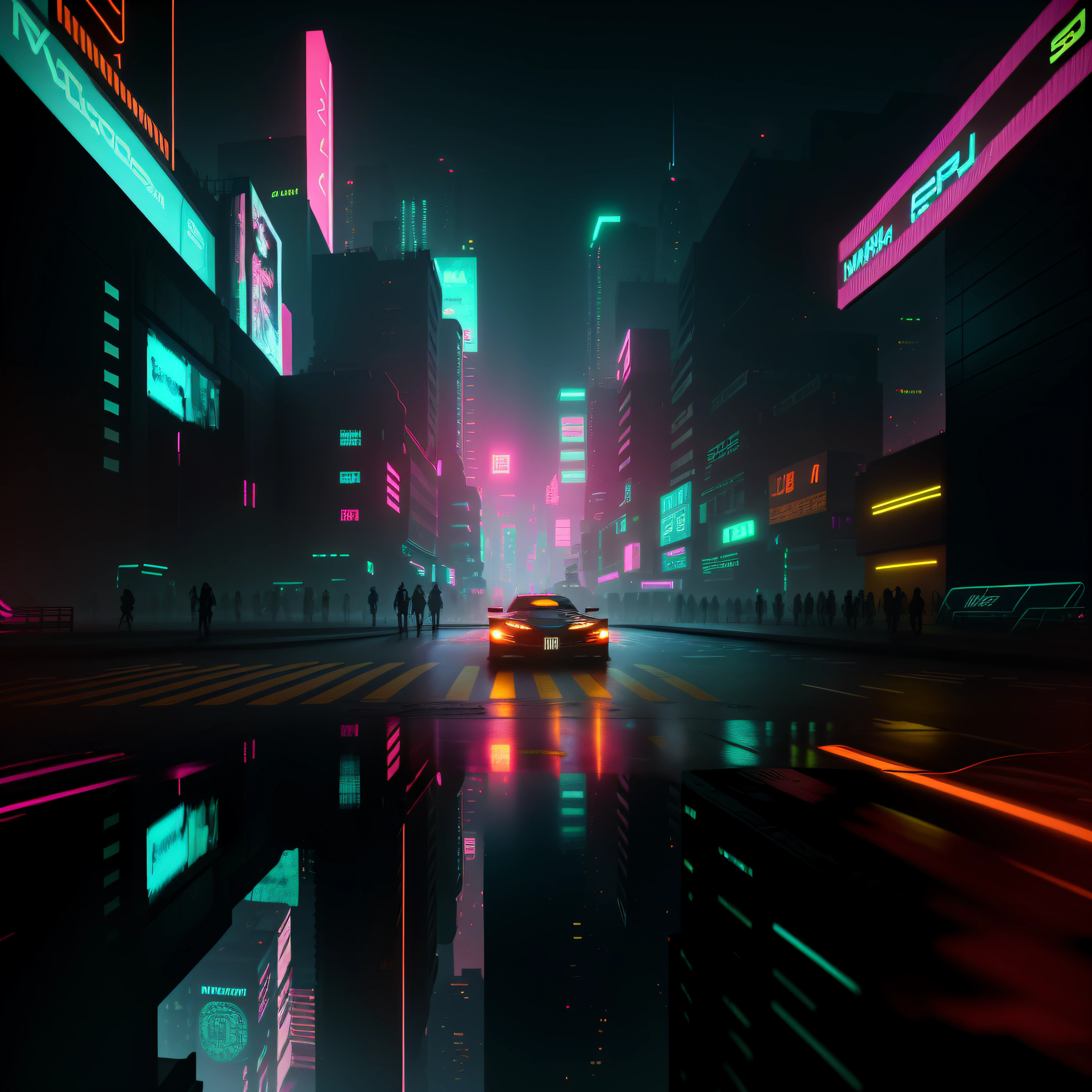 Futuristic city with neon lights and a car driving through the middle, blade runner vibes, cyberpunk dreamscape, cyberpunk 8 mil, em cyberpunk city, em uma cidade cyberpunk futurista, cyberpunk vibes, Rua Cyberpunk, atmosfera cyberpunk, rua noturna cyberpunk, rua futurista, cyberpunk streets at night, neon city, Cidade Neon ao fundo, neon cyberpunk, megacidade neon no fundo