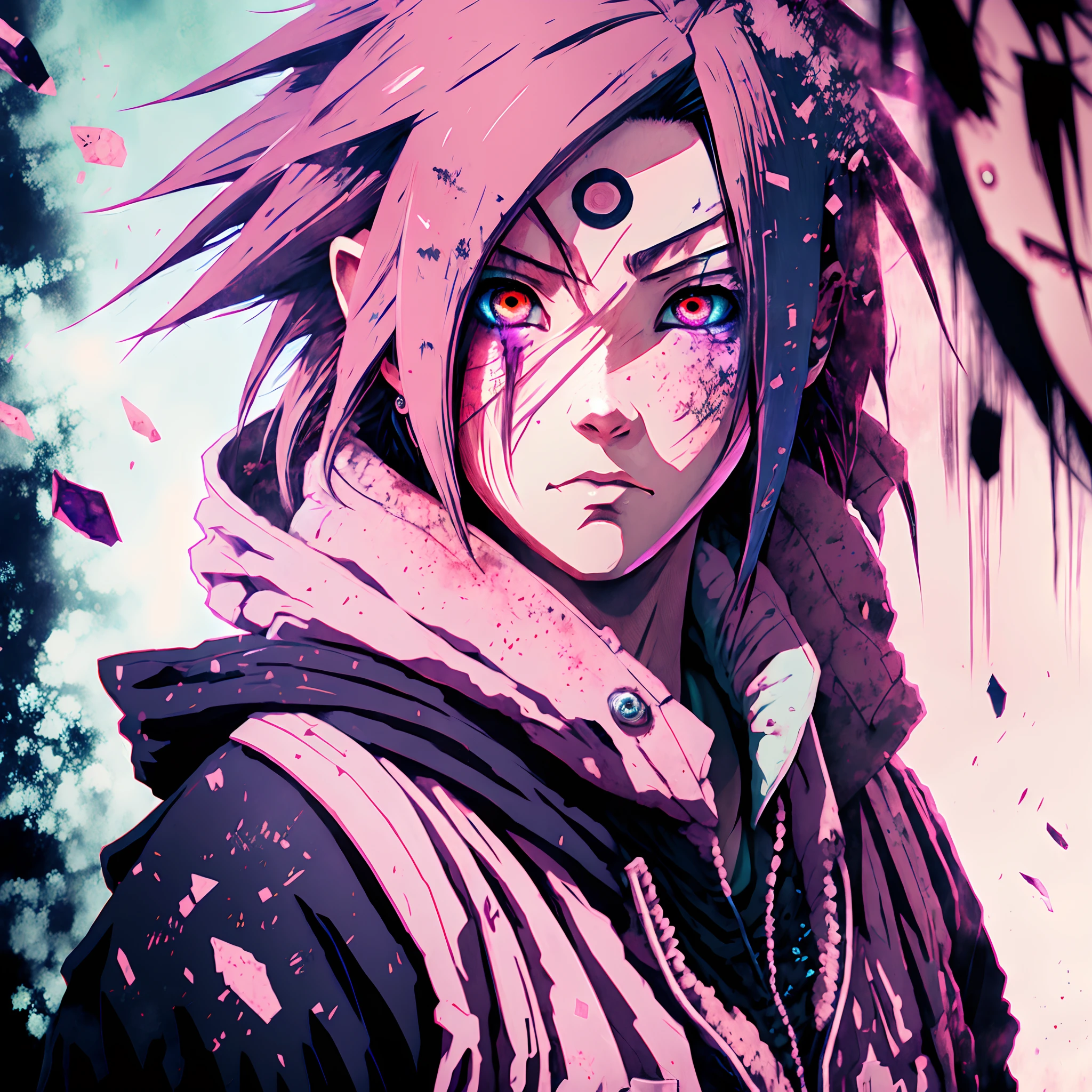 Sakura Uchiha in the hood, Black and pink hair, one green eye, one red eye