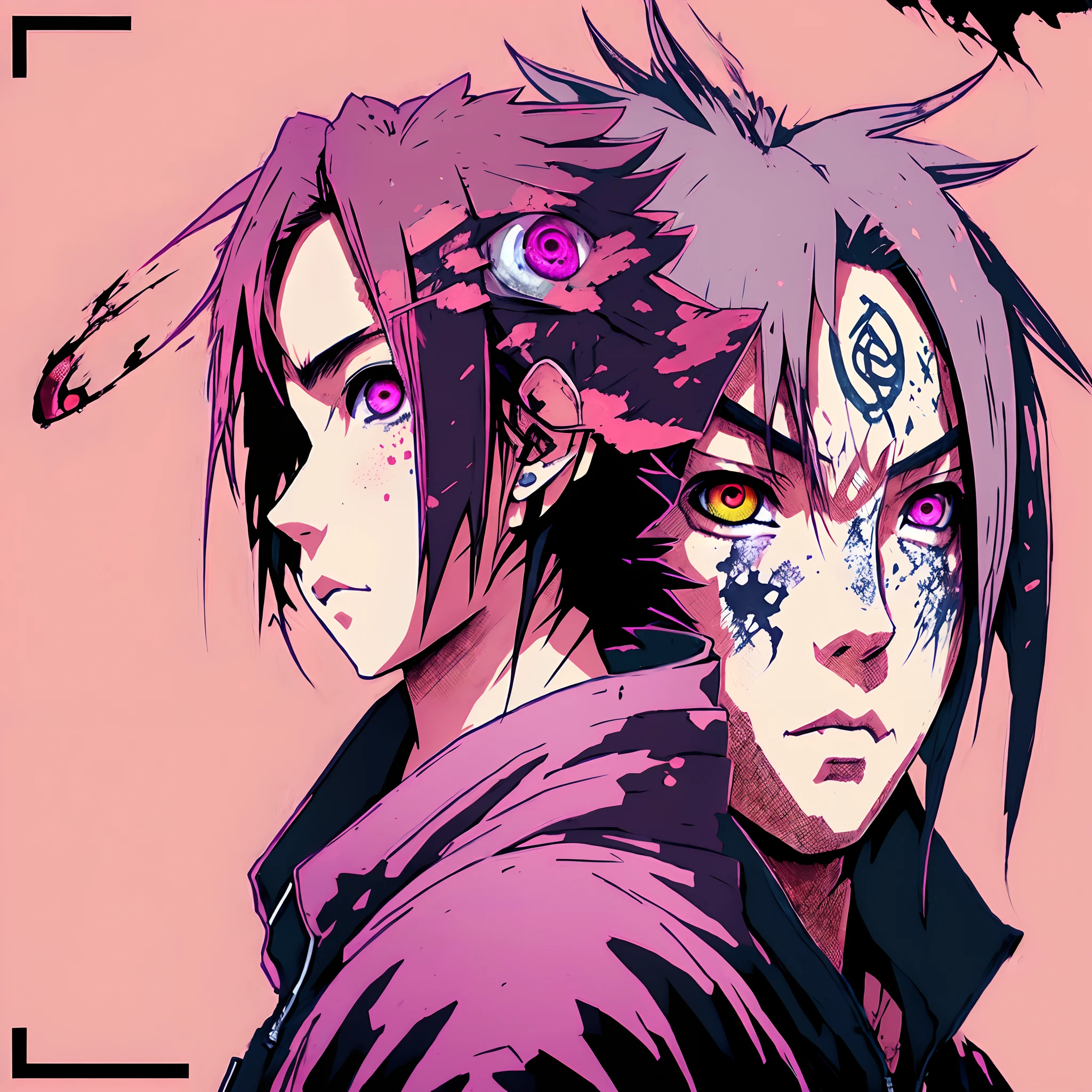 Sakura Uchiha in the hood, Black and pink hair, one green eye, one red eye