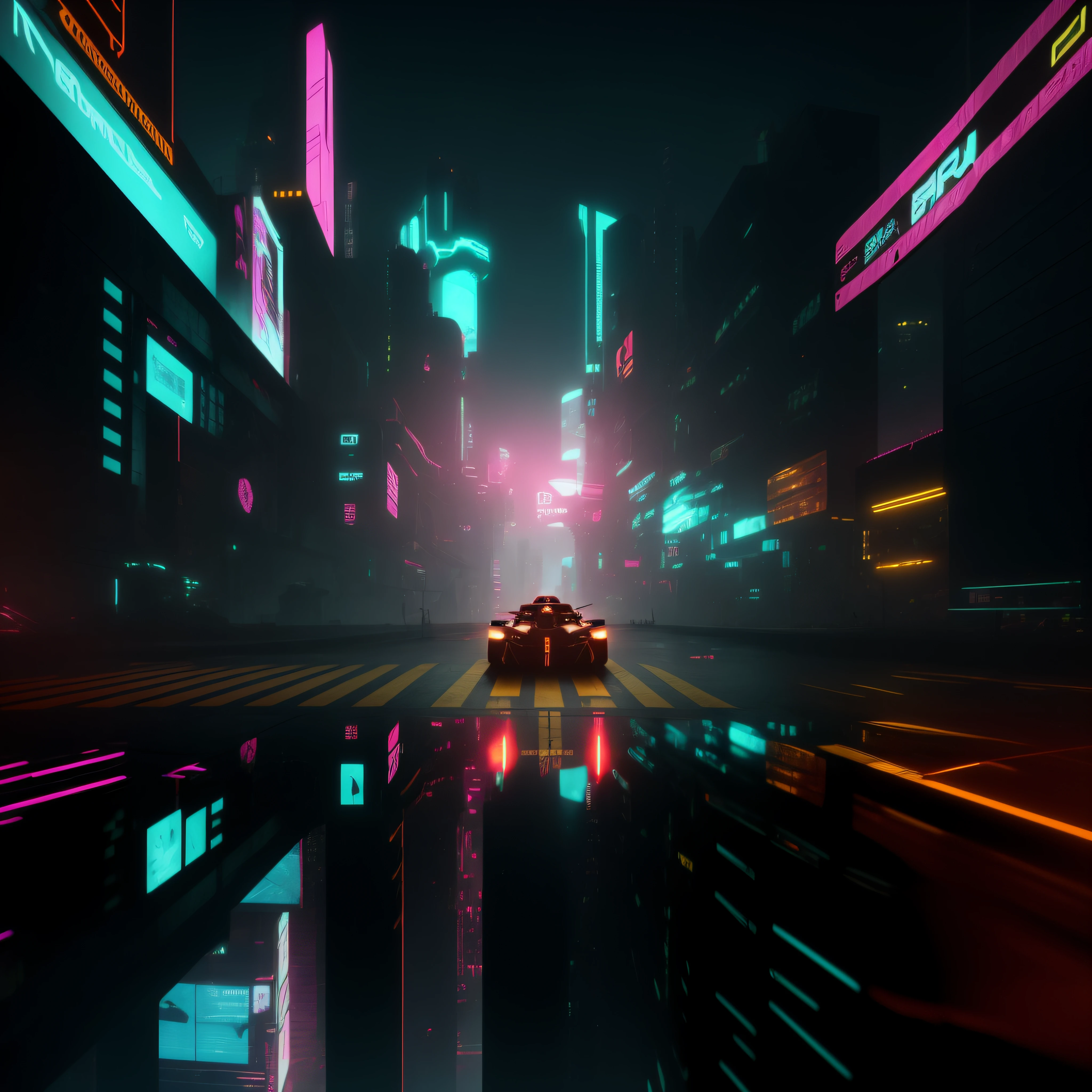 Futuristic city with neon lights and a car driving through the middle, estilo de arte cyberpunk, em cyberpunk city, Rua Cyberpunk, em uma cidade cyberpunk futurista, rua da cidade cyberpunk, arte digital cyberpunk, cyberpunk dreamscape, rua noturna cyberpunk, estilo de arte cyberpunk, cyberpunk themed art, Paisagem urbana cyberpunk, atmosfera cyberpunk, Fundo Cyberpunk, arte cyberpunk blade runner, cyberpunk illustration, vibe cyberpunk