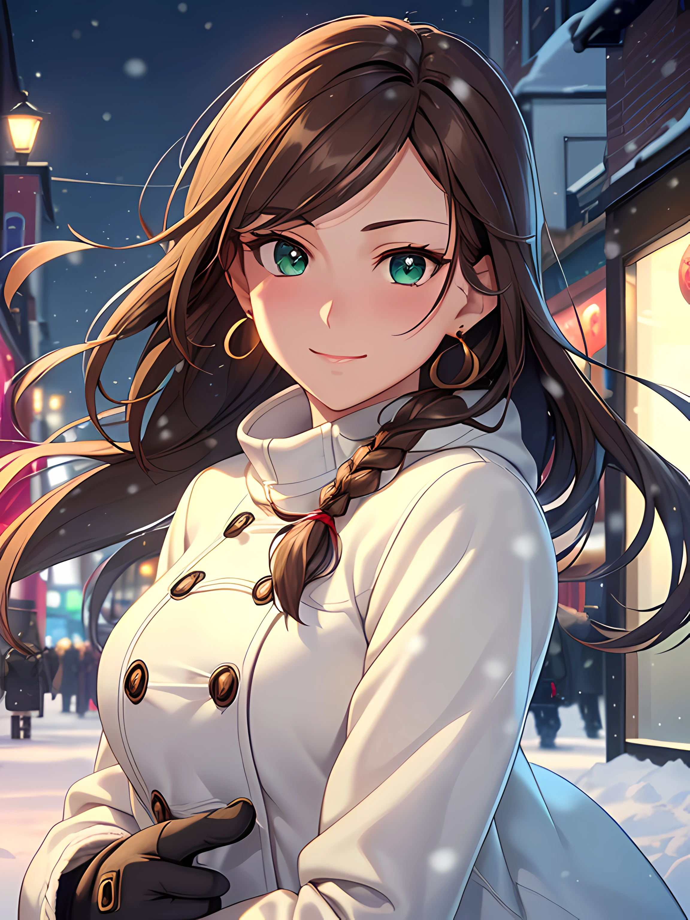 ((masterpiece, best quality, high resolution, UHD, perfect pixel, depth of field, 4k, RTX, HDR, extremely detailed)), 1girl, single, solo, 24 years old, beautiful anime girl, beautiful art style, anime character, sly smile, beautiful smile, ((long hair, braided hair, brown hair)), (green eyes:1.4, rounded eyes, beautiful eyelashes, realistic eyes, extremely detailed pupil), (detailed face, blushing:1.2), (smooth texture:0.75, realistic texture:0.65, photorealistic:1.2, cinematic, anime CG style), medium breasts, upper body, perfect body, busty, (dynamic angle, POV, close up), ((winter clothes, long coats, mittens, gloves, long underwear, earrings)), night, city lights, bokeh:1.4, (outdoor, city buildings, crowd), ((winter, snowfall:1.8, heavy snow, wind, wind blows)), (graceful, prestigious, glorious, elegant)