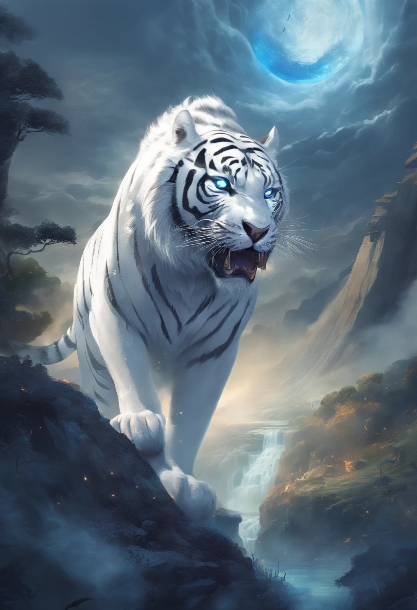 China-style，Chinese mythology，White Tiger，roar，ferocious，gigantic，Eyes glow blue，glow effects，High hills，cloudy fog，the night，Medium View Scene，body complet, like a， highly detailed surreal vfx，oc render， - AR 16:9 --q 2 --s 1000