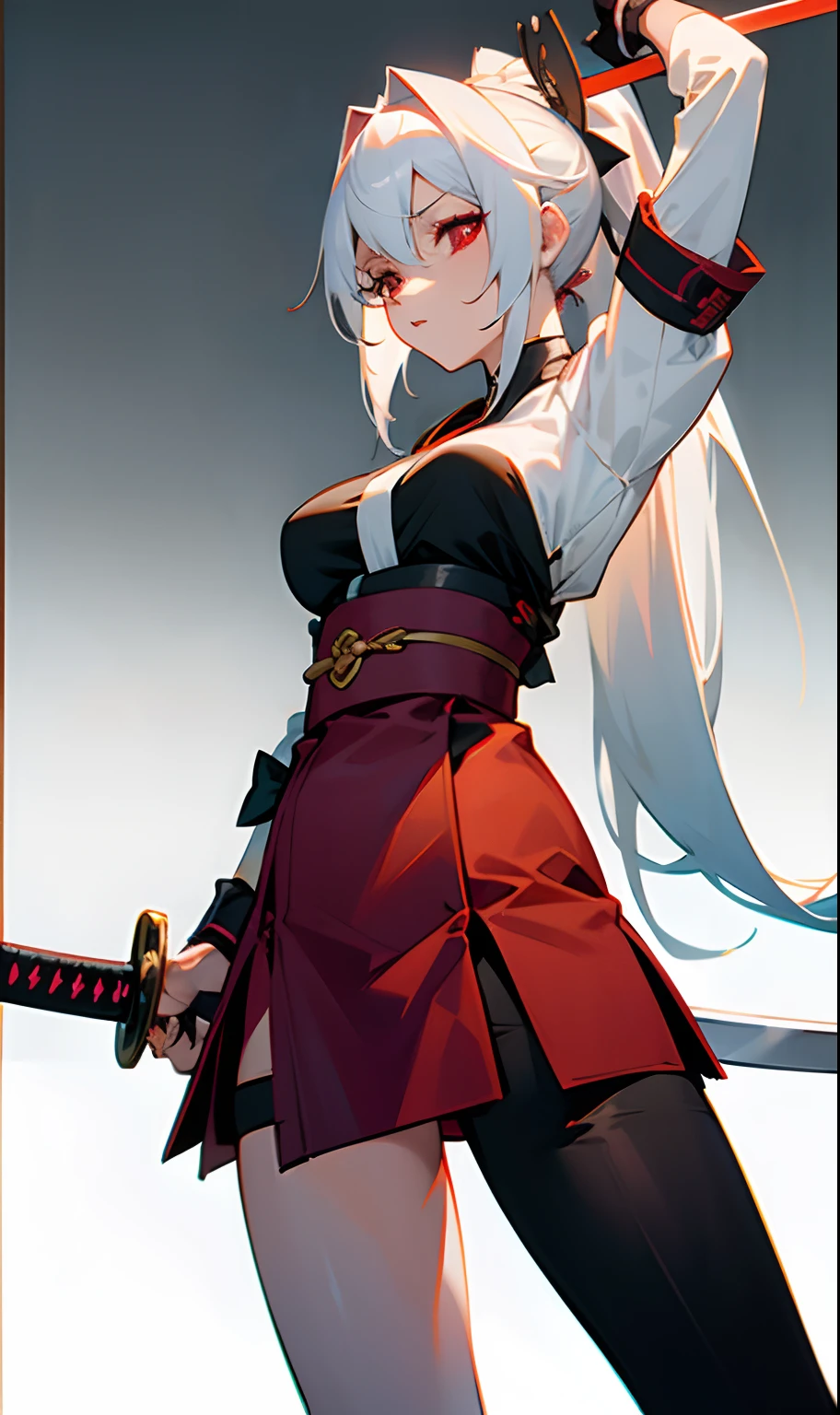 Garota com corpo forte, medium breasts with long straight white hair down to the leg wearing a black haori with some white armbands and some white articles of clothing with a katana at the red waist and tied hair ponytail red eyes