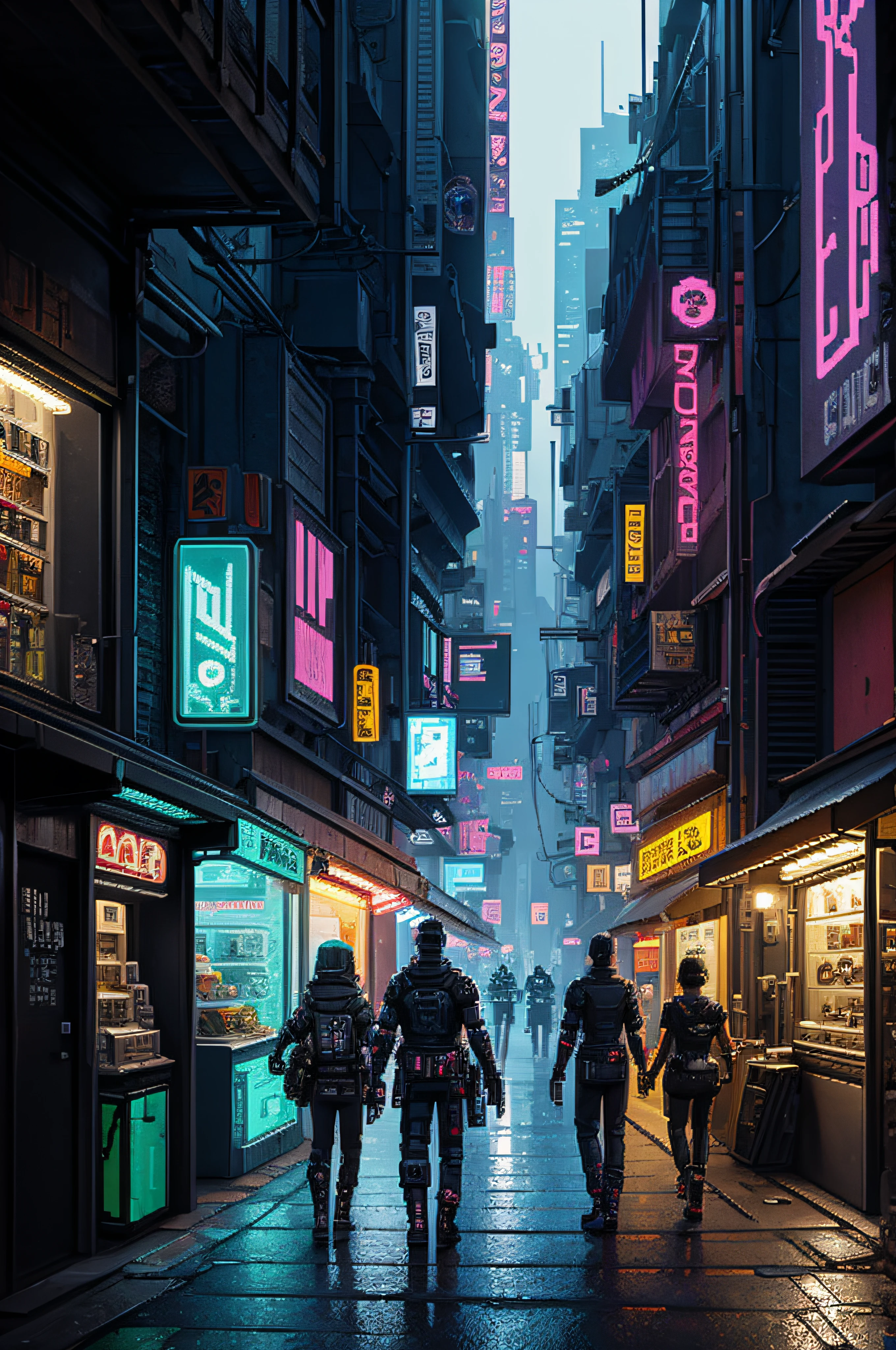 cyberpunk street, front view, (pixel art), cool vendors,