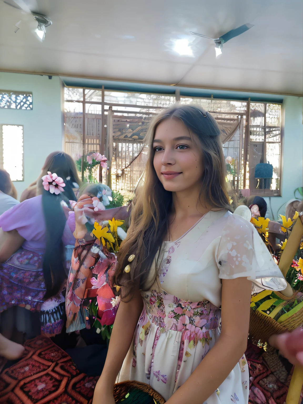 (high quality,beautiful, detailed) girl in a garden, (oil painting) style, (bright, vibrant colors), (soft, warm sunlight), (lush green grass and colorful flowers), (flowing, long hair), (sparkling, expressive eyes), (rosy cheeks), (beautiful, detailed lips), (relaxed, joyful expression), (wearing a floral dress), (surrounded by butterflies), (hands gently holding a basket of honey), (bees buzzing around), (magical atmosphere), [dreamlike], [soft focus], [blurred edges], [pastel colors], [subtle lighting], [faint, glowing halo], [ethereal, delicate]