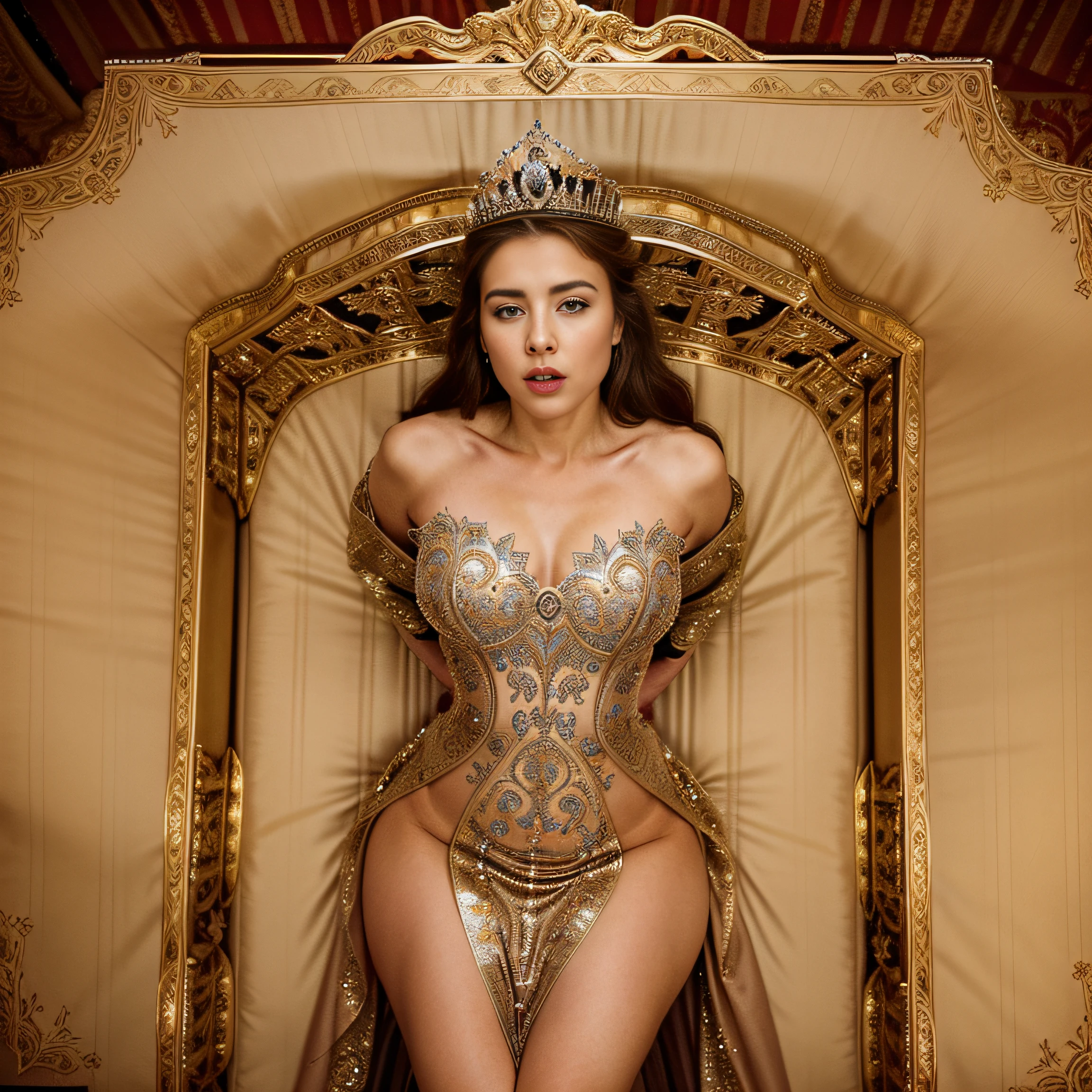 In the grand palace, a princess sat upon her illustrious throne, donning a breathtaking prom dress and an elegant crown. The room was adorned with opulent decorations, and the camera angle captured a frontal view from above, with the princess looking directly at the camera. As she let out a yawn, her mouth opened wide, revealing her exhaustion. The yawn, caught in this unguarded moment, showcased the stark contrast between her royal appearance and the weariness she carried. Delve into the thoughts and emotions mirrored in her gaze as she meets the camera's gaze while her vulnerability is exposed. beautiful detailed nose, (complete good curvie body), wide hips, perfect body proportion, solo focus, from above, looking at viewer