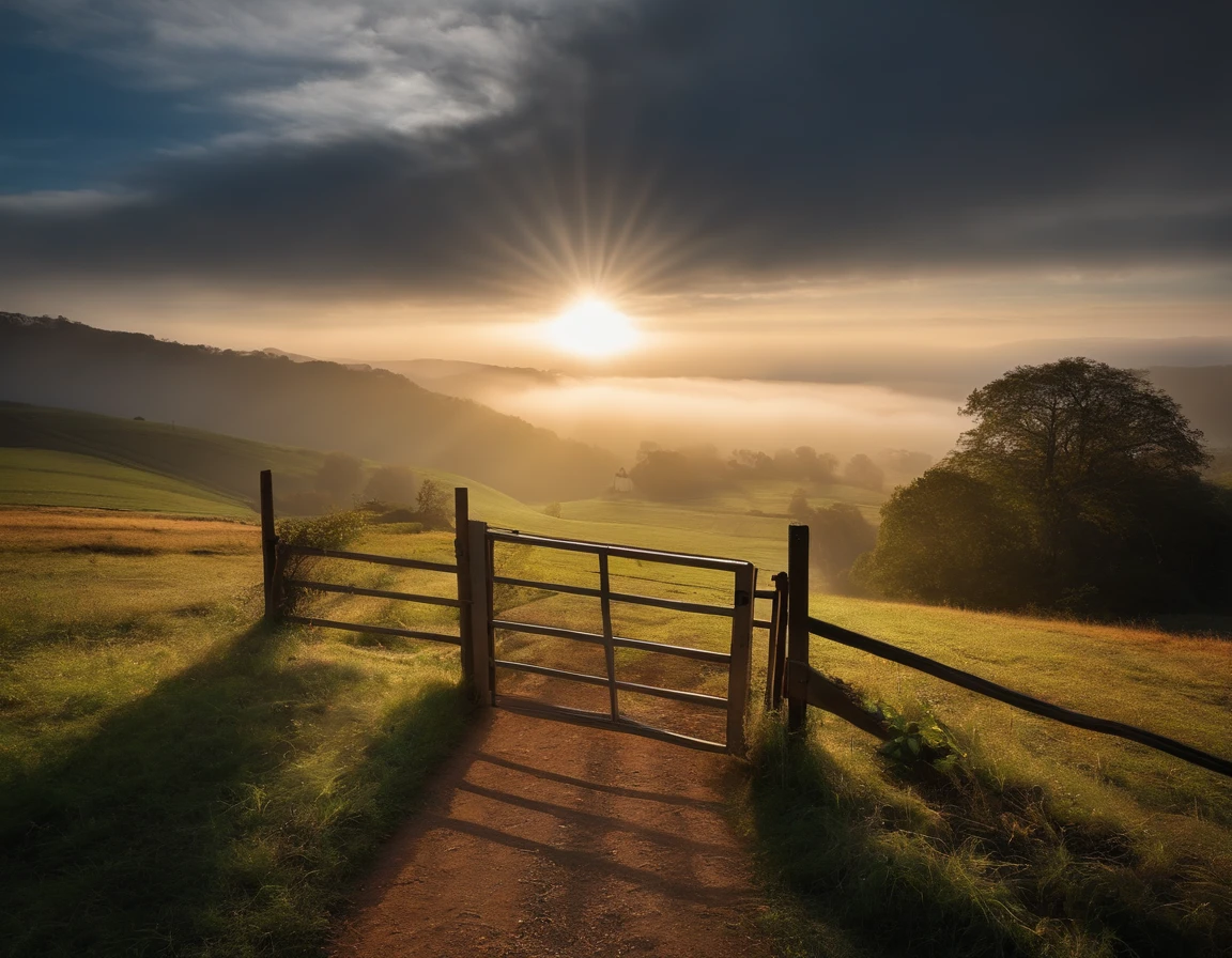farm gate, vast hills, fog, sun rays,