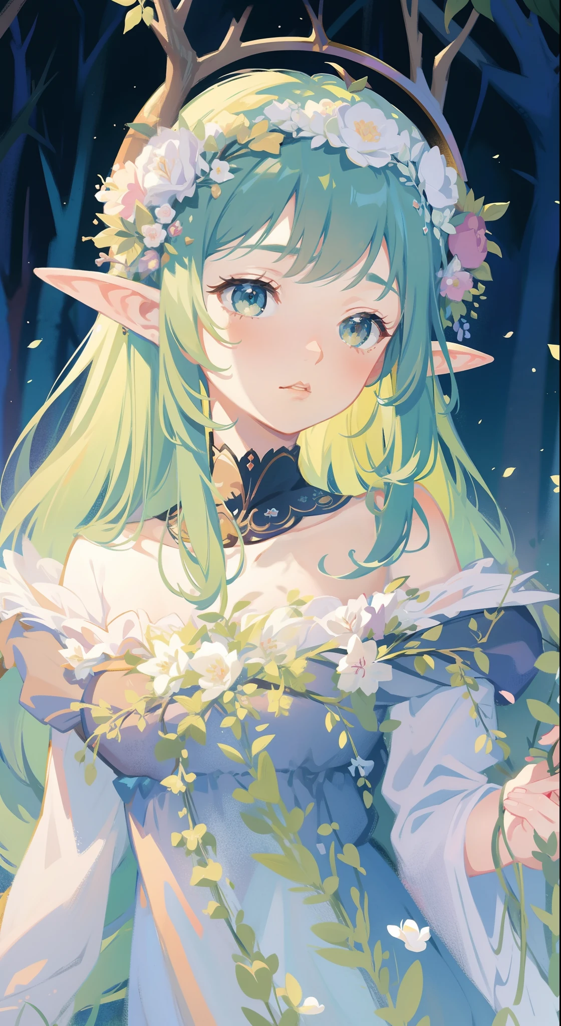 high high quality，masterpiece，Delicate facial features，Delicate hair，Delicate eyes，Delicate hair，animemanga girl，deer antlers，Black color hair，florals, Dreamy style, Fantastic flower garden，fantasy style clothing,Romantic dress,  beautiful and elegant elf queen, a beautiful fantasy empress, Fantasy art style, ((a beautiful fantasy empress)), Anime fantasy illustration, high priestess, fey queen of the summer forest, anime art nouveau, goddess of the forest, portrait of an elf queen, A beautiful artwork illustration，8K high quality detailed art（Delicate facial portrayal）（Fine hair depiction）（highest  quality）（Master masterpieces）（High degree of completion）（a sense of atmosphere）8k wallpaper，tmasterpiece，Best quality at best，ultra - detailed