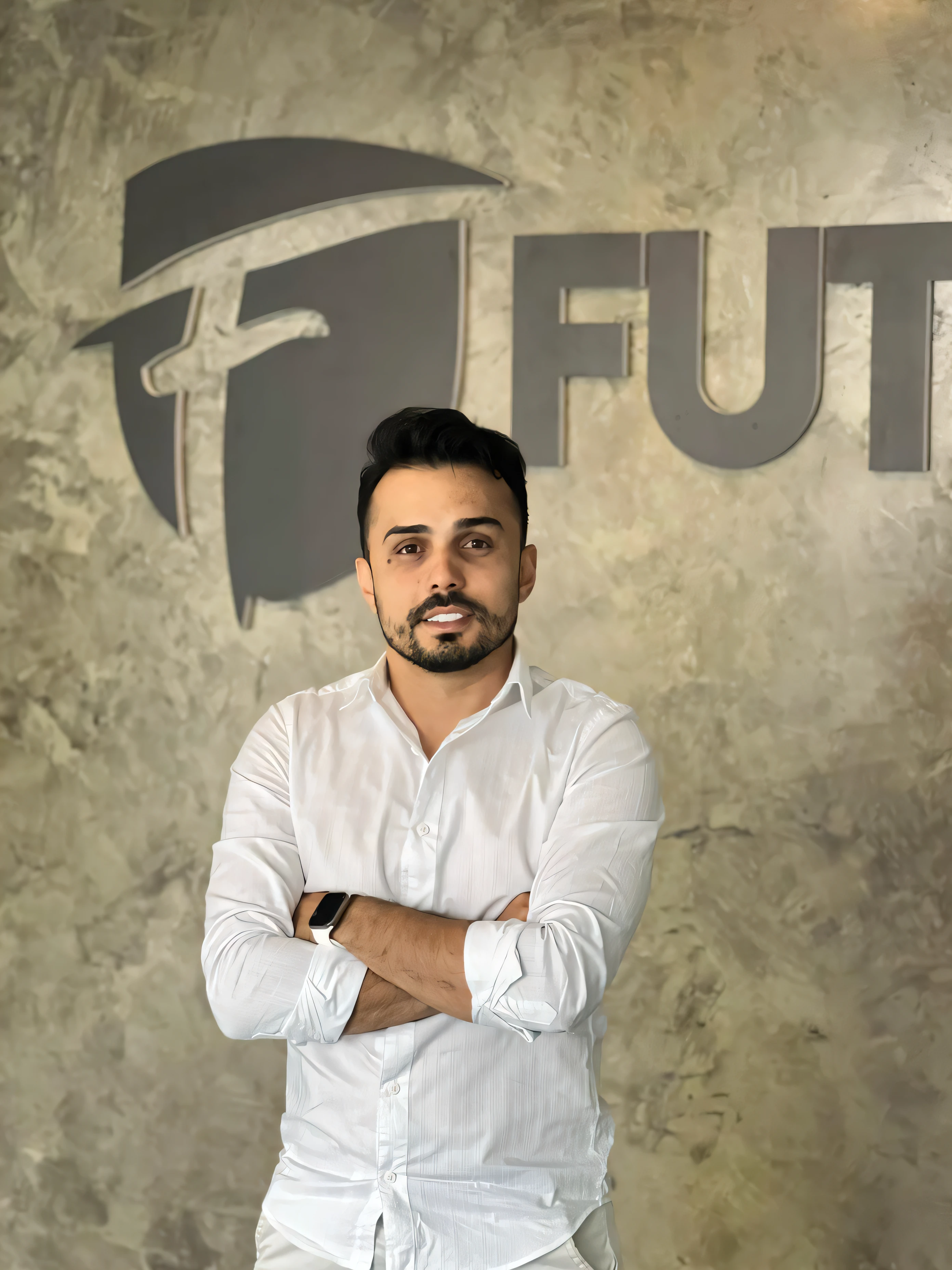 Arafed man standing in front of a wall with a logo on him, Furio Tetesschi, encaixar, Fuji Lut, foto de perfil profissional, futuro, imagem profissional, Aykut Aydogdu, Farid Ghanbari, foto de perfil 1024px, Furio Tedesch, foto corporativa, # fututista