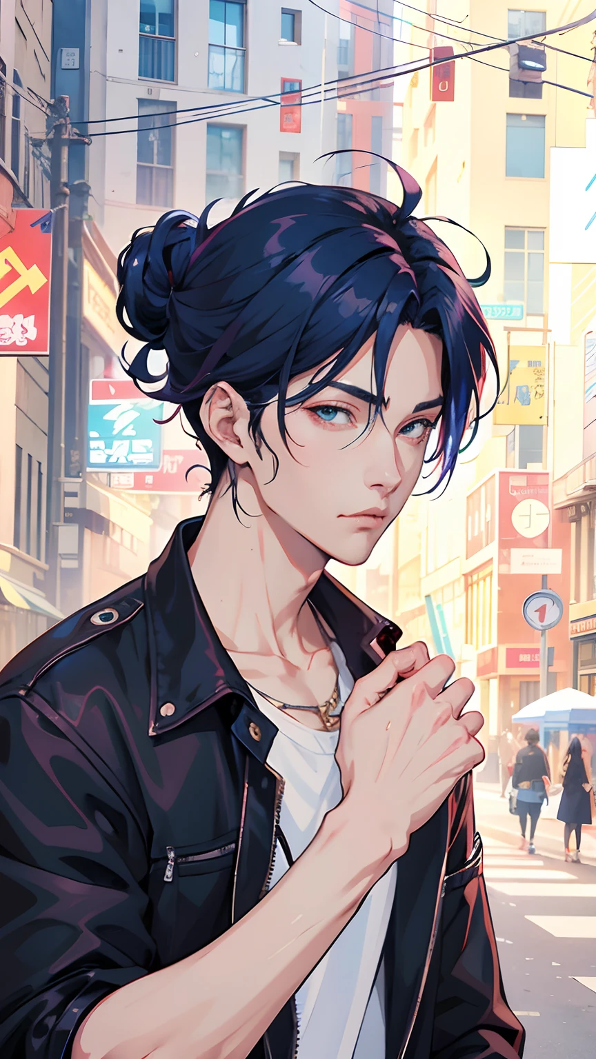 anime - style image of a man with blue hair and a black jacket, handsome guy in demon slayer art, artwork in the style of guweiz, anime style portrait, male anime style, detailed digital anime art, handsome anime pose, detailed anime character art, digital anime illustration, anime style 4 k, in an anime style, anime handsome man, realistic anime artstyle