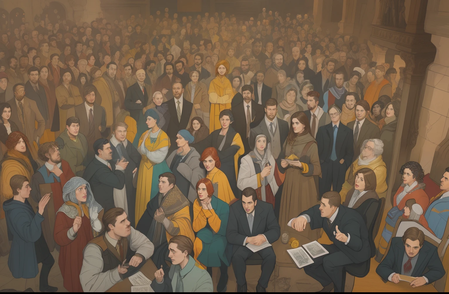 masterpiece, best quality, hyper detailed gouache portrait of different men and  women speaking with each other, group conversation, character art portrait, detailed character portrait, epic scene illustration, graphic novel scene, dramatic tense scene