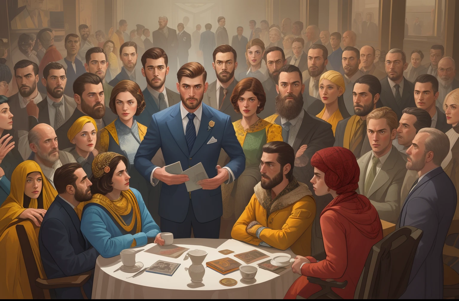 masterpiece, best quality, hyper detailed gouache portrait of different men and women speaking with each other, group conversation, character art portrait, detailed character portrait, epic scene illustration, graphic novel scene, dramatic tense scene