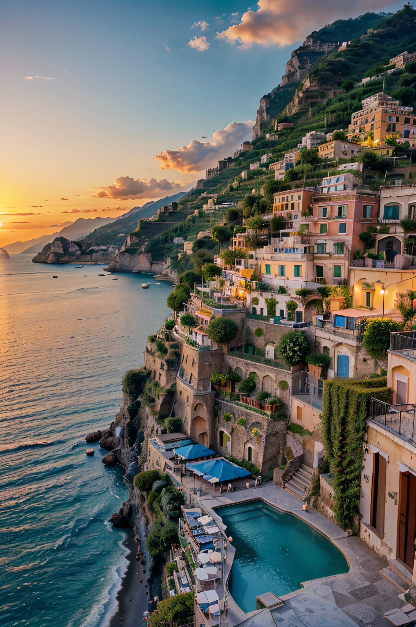 Amalfi Coast in Italy landscape image without human, serenity scenery, italian village, sunset, sky pink and blue colors, relaxing vibes