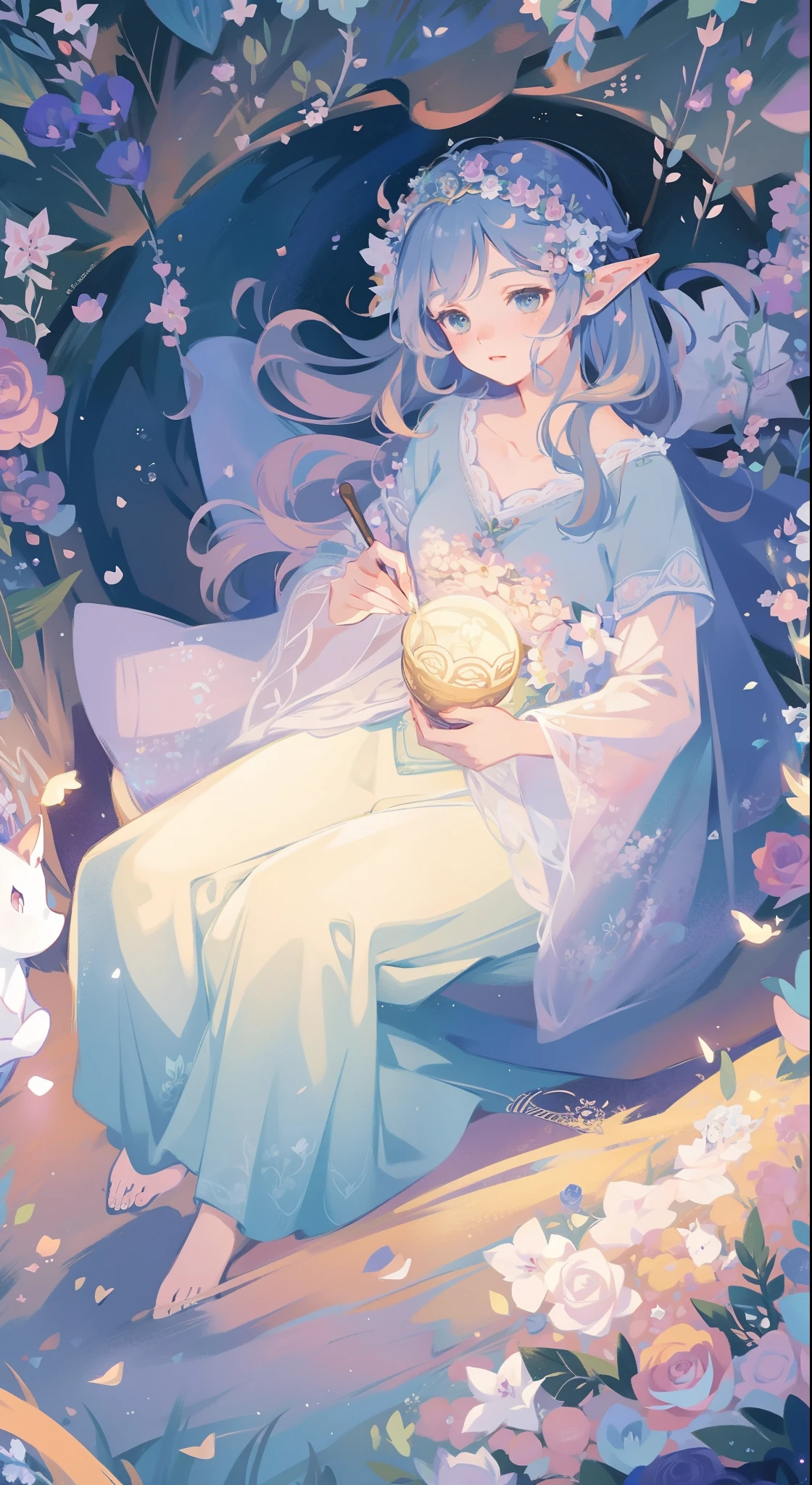 high high quality,masterpiece,Delicate facial features,Delicate hair,Delicate eyes,Delicate hair,animemanga girl,deer antlers,Black color hair,florals, Dreamy style, Fantastic flower garden,fantasy style clothing,Romantic dress, beautiful and elegant elf queen, a beautiful fantasy empress, Fantasy art style, ((a beautiful fantasy empress)), Anime fantasy illustration, high priestess, fey queen of the summer forest, anime art nouveau, goddess of the forest, portrait of an elf queen, A beautiful artwork illustration,8K high quality detailed art(Delicate facial portrayal)(Fine hair depiction)(highest quality)(Master masterpieces)(High degree of completion)(a sense of atmosphere)8k wallpaper,tmasterpiece,Best quality at best,ultra - detailed