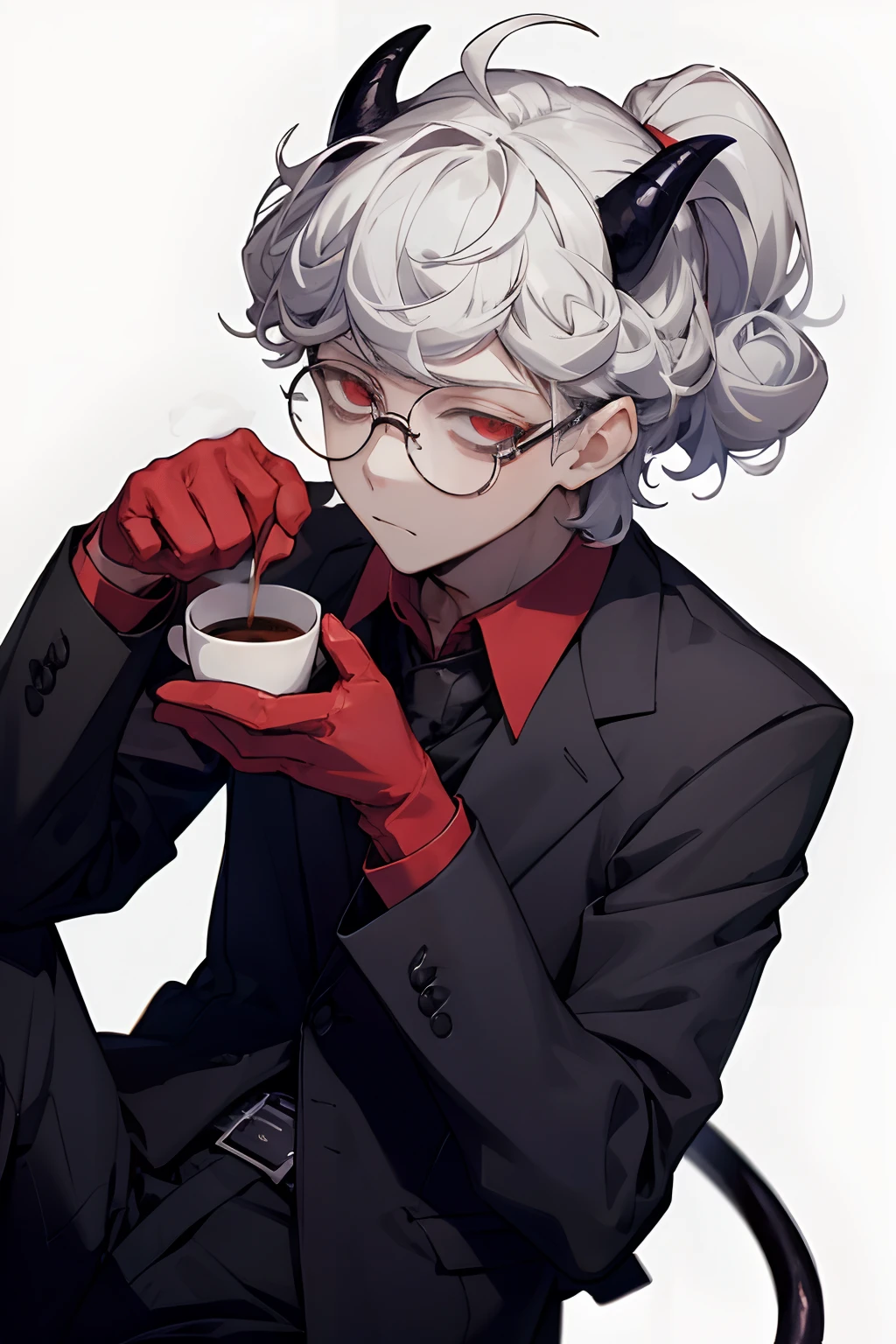 (masterpiece, best quality:1.2), solo, 1boy, htpandemonica, expressionless, looking at viewer, holding coffee mug, glasses, formal, suit, black jacket, red shirt, white gloves, black pants,male, five fingers, demon tail, demon horns