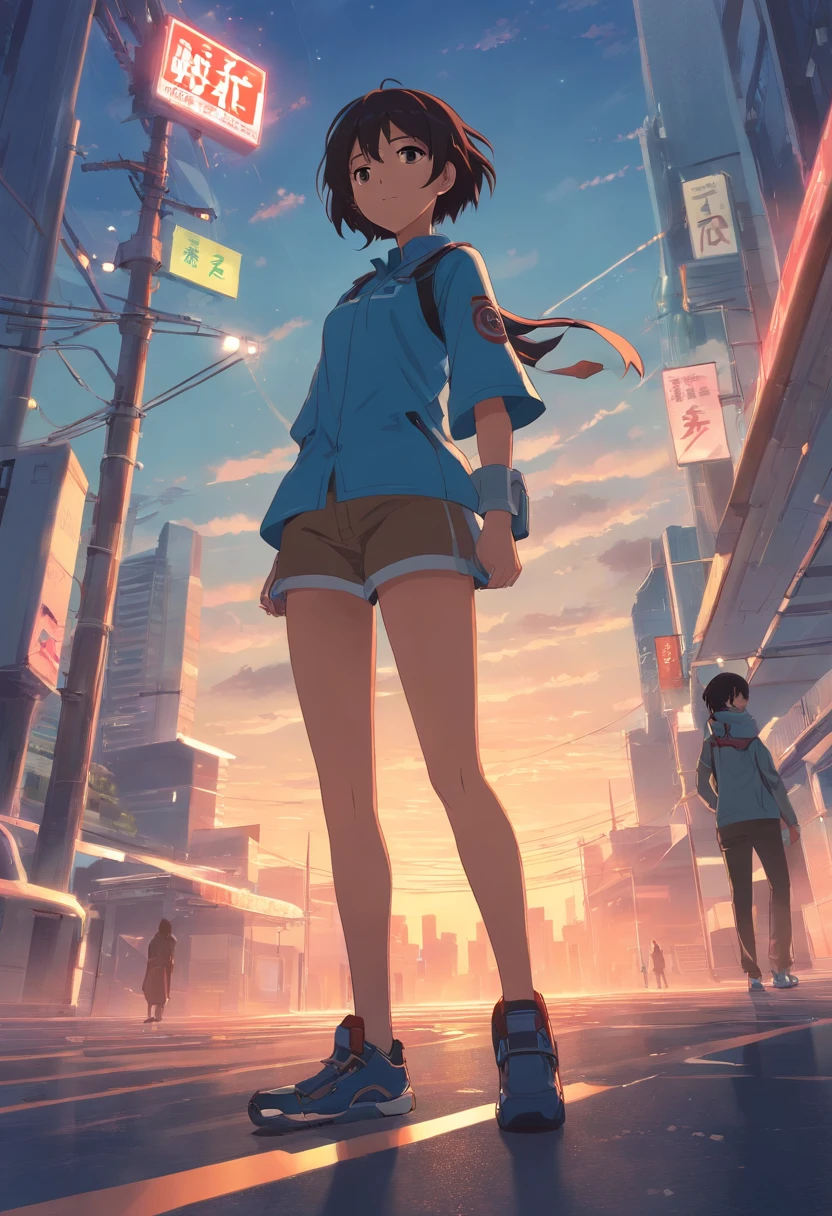1girl, Smiling girl facing me, braid, long purple hair, modern hoodie, mini skirt, Converse shoes, modern city, on the edge of skyscape roof, noon, sun, blue sky, clouds, (taken from behind)), low angle, volumetric lights, 8K, top quality, sharp, detail, moon and sun, crystal clear night sky