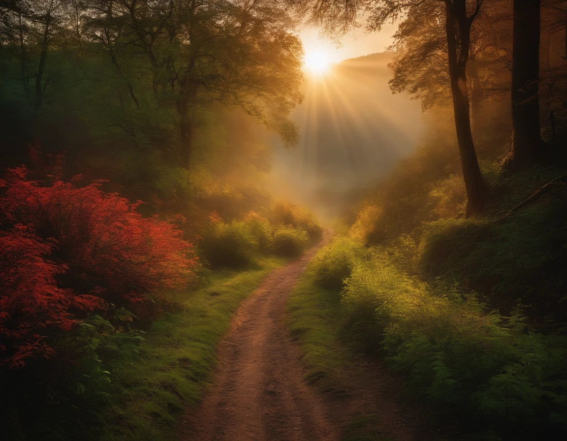 Distant farm, vast hills, fog, sun rays, dirt path through dense forest