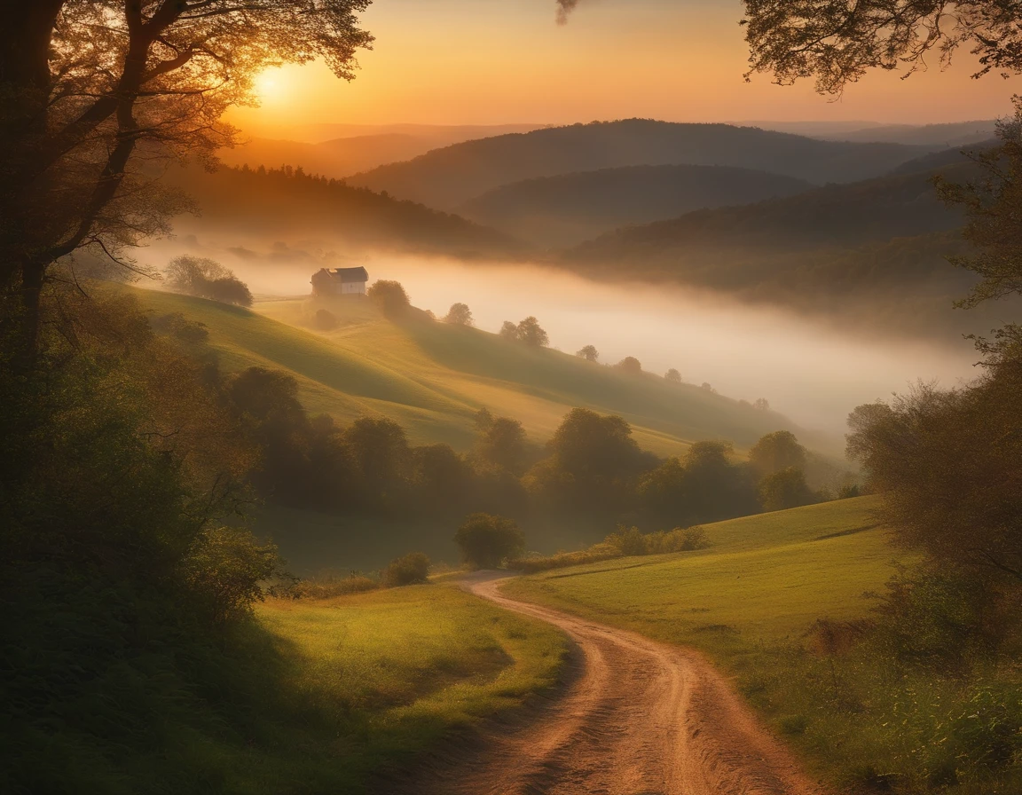 Distant farm, vast hills, fog, sun rays, dirt path through dense forest