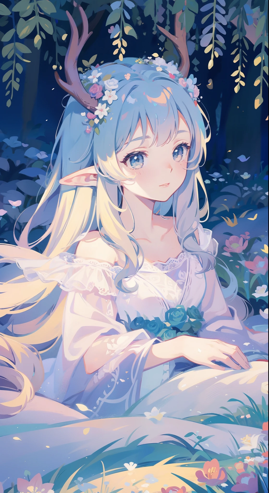 high high quality,masterpiece,Delicate facial features,Delicate hair,Delicate eyes,Delicate hair,animemanga girl,deer antlers,Black color hair,florals, Dreamy style, Fantastic flower garden,fantasy style clothing,Romantic dress, beautiful and elegant elf queen, a beautiful fantasy empress, Fantasy art style, ((a beautiful fantasy empress)), Anime fantasy illustration, high priestess, fey queen of the summer forest, anime art nouveau, goddess of the forest, portrait of an elf queen, A beautiful artwork illustration,8K high quality detailed art(Delicate facial portrayal)(Fine hair depiction)(highest quality)(Master masterpieces)(High degree of completion)(a sense of atmosphere)8k wallpaper,tmasterpiece,Best quality at best,ultra - detailed