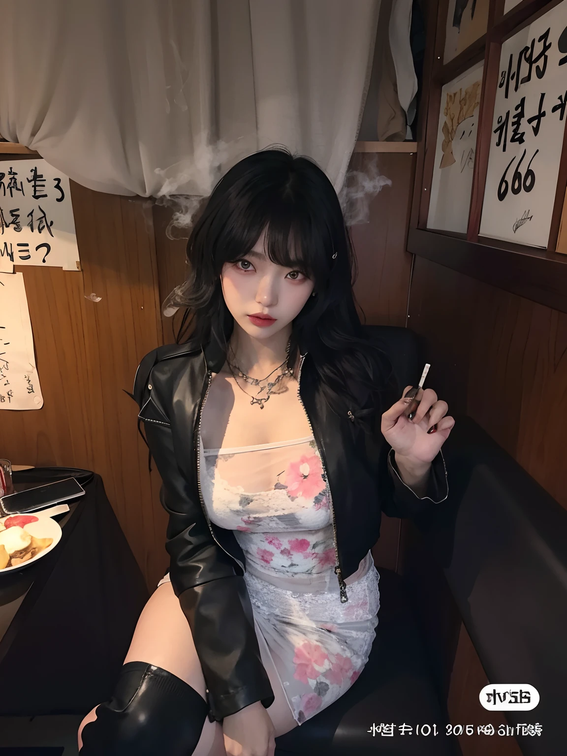 There's a woman sitting in a chair with a cigarette in her hand, cruel korean goth girl, yakuza menina magra, Ulzzang, Chiho, Junko Enoshima, menina coreana, 🤤 retrato da menina, Menina anime na vida real, estilo sensual sombrio, E - Menina, e-menina, Ela tem cabelo preto com franja, Sakimichan