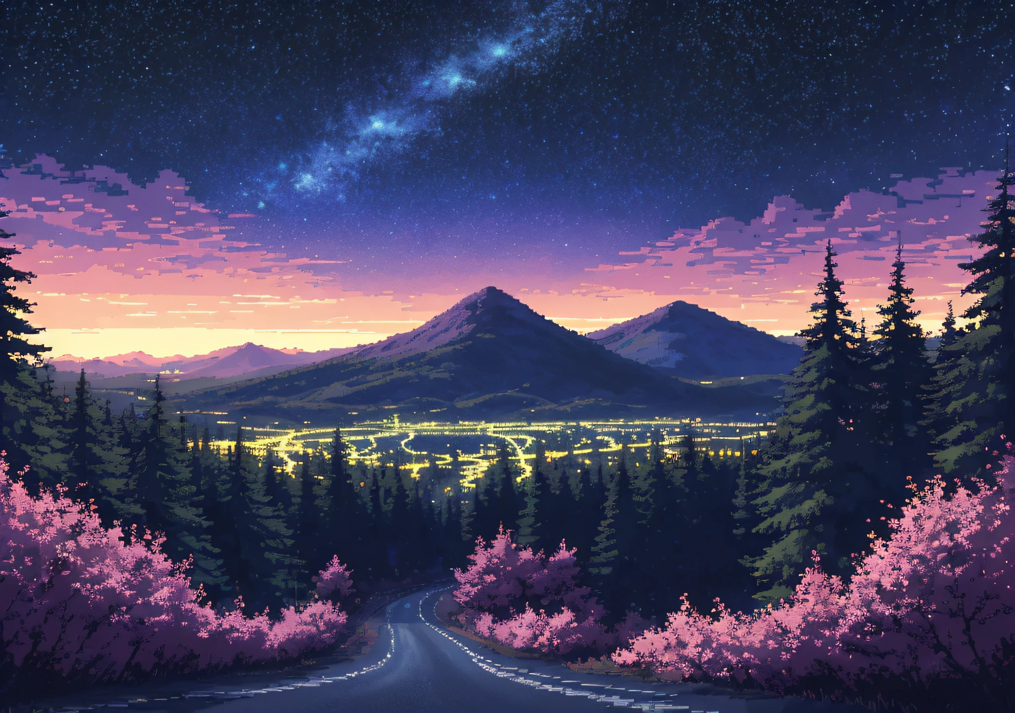 pixel art, a beautiful shot of a road during nighttime, starry night, surrounded by forests, centered shot, dark, use of blue, pink and yellow colors, G Liulian art style, anime backgrounds, anime beautiful scene, Anime art wallpaper 4k, Anime art wallpaper 4 K, anime landscape wallpapers, Anime background art, Anime art wallpaper 8 K, Anime landscape concept art, Pixel art