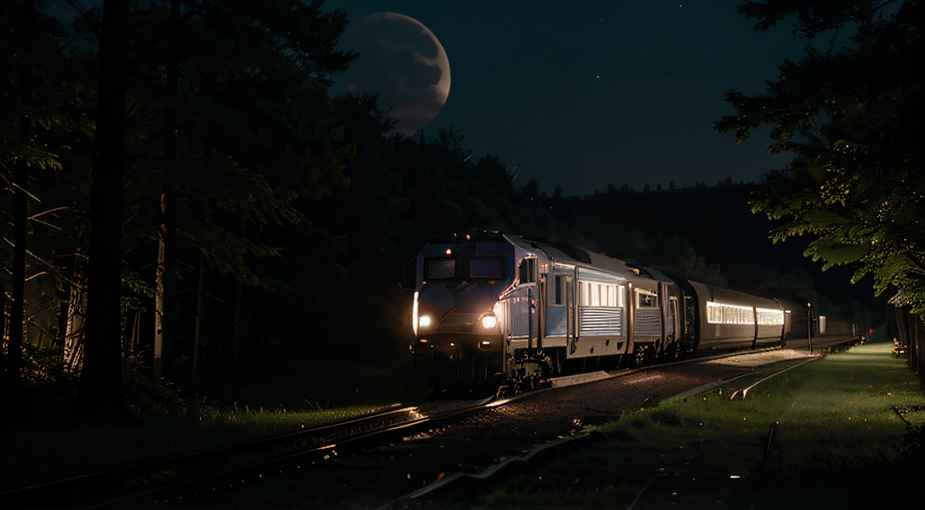 At night, the train coming through the forest, the moonlight and the beam of the train illuminate the surroundings.