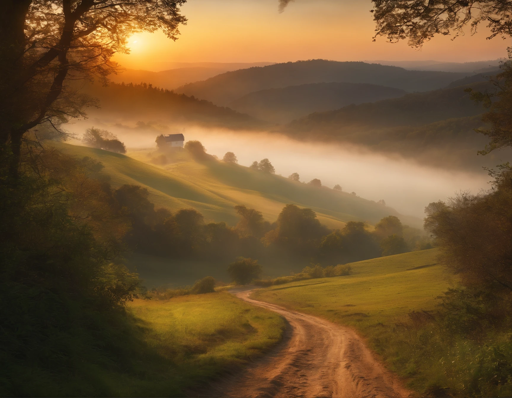 Distant farm, vast hills, fog, sun rays, dirt path through dense forest