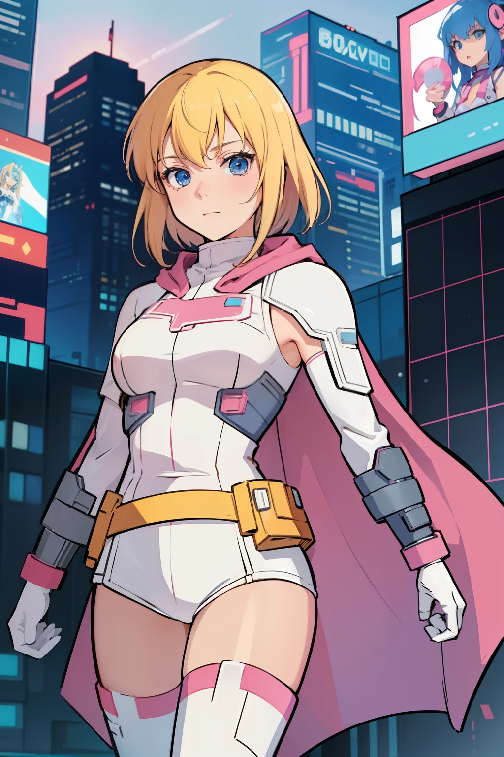 solo, 1girl, (masterpiece), ((16 year old appearance)), Blonde hair, Medium hair, blue eyes, anime girl, pink super hero uniform with white pants, cloak, small breasts, tech Gauntlet, cyberpunk city, nigth
