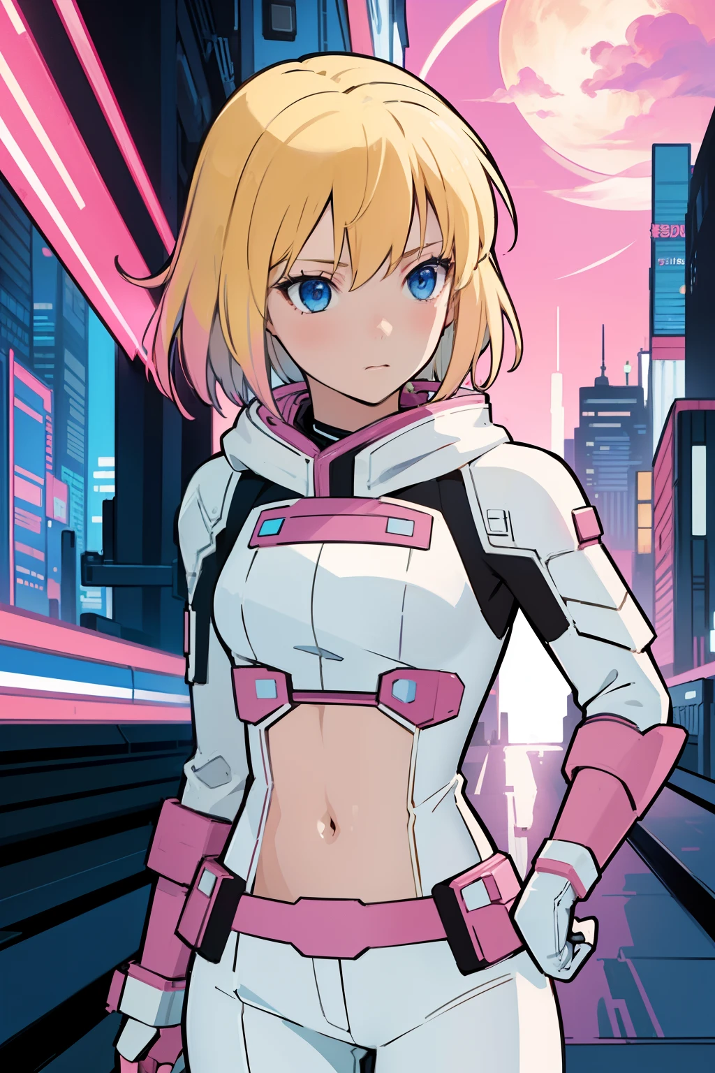 solo, 1girl, (masterpiece), ((16 year old appearance)), Blonde hair, Medium hair, blue eyes, anime girl, pink super hero uniform with white pants, cloak, small breasts, tech Gauntlet, cyberpunk city, nigth