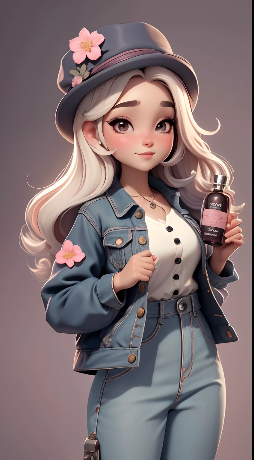 Nome da Boneca: Kelly (Mini perfumista) Overall appearance: Kelly is a cute  chibi style doll with a delicate and charming appearance. Ela possui aproximadamente 1,5 metros de altura e tem o corpo completo, incluindo as pernas. Its resolution is 8K, garantindo muitos detalhes em sua imagem. Cabelo e Olhos: Kelly tem cabelos curtos em um tom vermelho vibrante. Her eyes are large and expressive, com alongamentos longos e curvados. Her cheeks are pink, giving it a lovely and captivating look. Her smile is delicate and white, Conveying sweetness and joy. Vestimenta: Kelly is dressed in a jacket, uma camiseta, a pair of trousers and an ornate hat. The jacket is detailed, with buttons and pockets, Adding a Touch of Realism to Your Outfit. A camiseta combina perfeitamente com a jaqueta, Featuring a delicate floral pattern. The pants are comfortable and stylish, complementando o visual de Kelly. His hat is decorated with flowers and leaves, combinando com o tema de flores delicadas. Accessories: Kelly is holding a bottle of perfume, adicionando um toque de moda ao seu visual. The perfume bottle has details in relevance and an ornamental cap, mostrando cuidado nos detalhes. Detalhes e Texturas: All Doll Parts, incluindo o cabelo, as roupas, The hat and the perfume bottle, possuem sombras, texturas e detalhes realistas. Hair has shine and subtle reflections, evidenciando um cor vibrante. Clothes have smooth textures, such as embossed fabrics and buttons. The hat features minute details on the flowers and leaves, dando-lhe um aspecto encantador. O frasco de perfume possui detalhes finos e refinados, Enhancing Your Elegant Appearance.