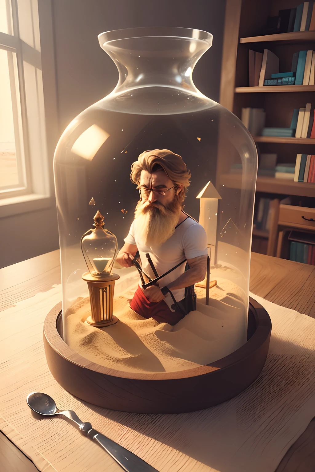 Create an image where a person is being buried in the sand of a clear glass hourglass. He already has half of his body covered in sand and the sand from the hourglass falling on top. the person is a man with a beard and a red t-shirt. The hourglass is on a wooden table and the background is a bookshelf with many books.